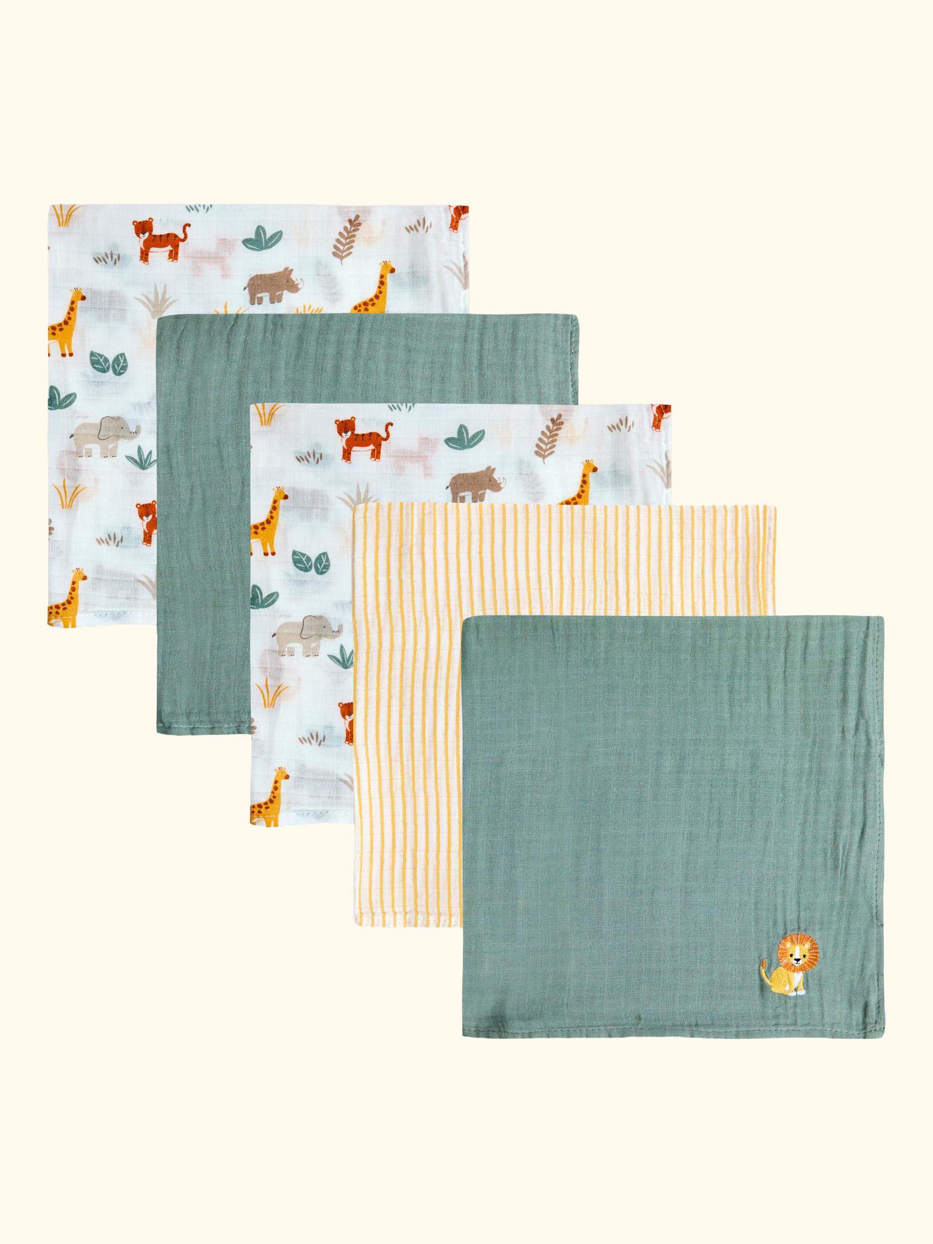 Safari Embroidered Muslin Cloths, Pack of 5, Green/Multi