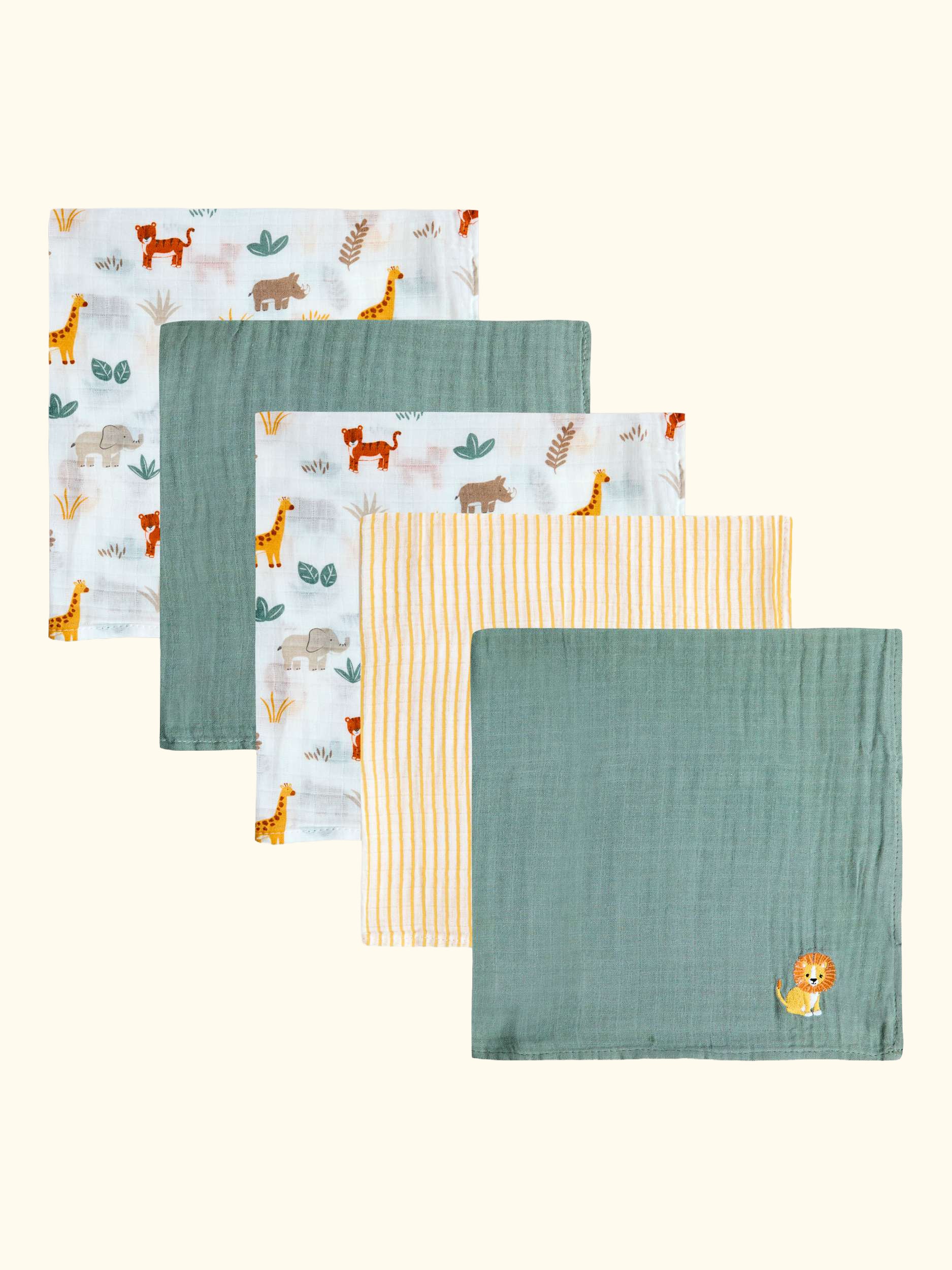 Safari Embroidered Muslin Cloths, Pack of 5, Green/Multi