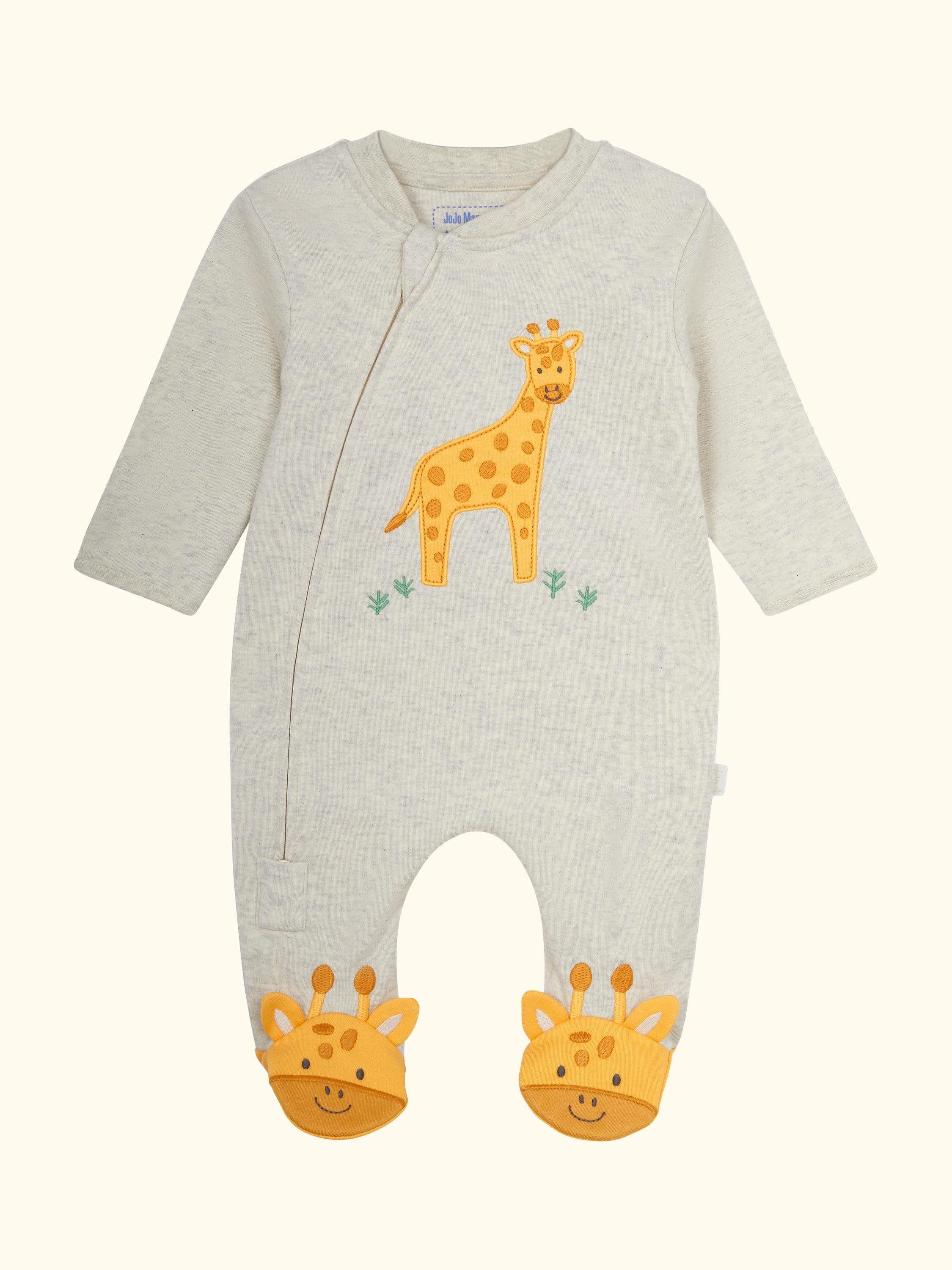Baby Zip Giraffe Applique Sleepsuit, Grey/Yellow