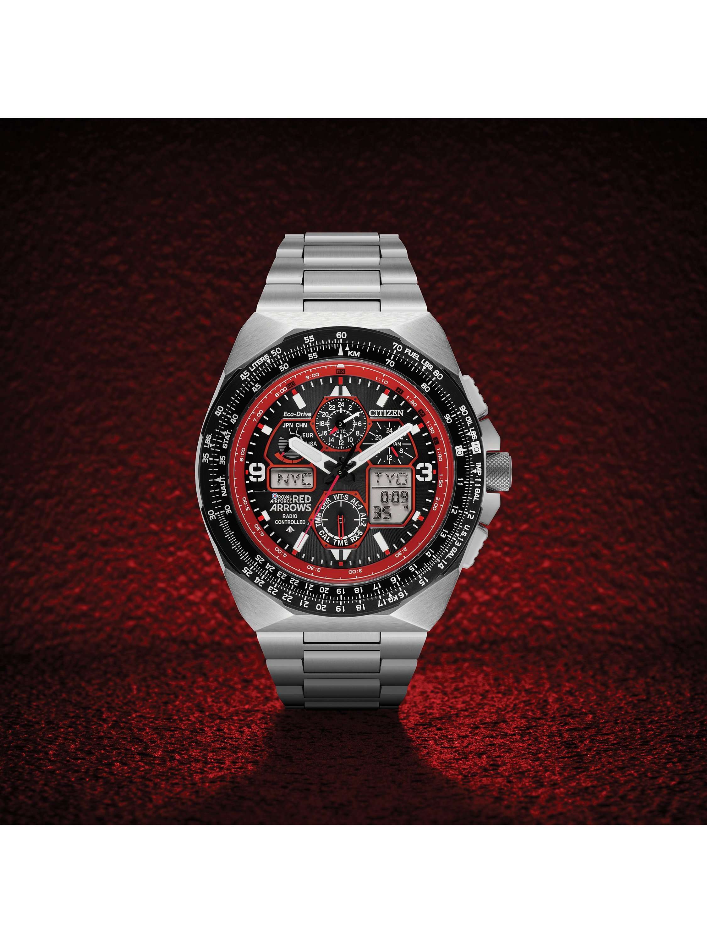 JY8126-51E Men's Red Arrows Limited Edition Skyhawk A-T Eco-Drive Bracelet Strap Watch, Silver/Black