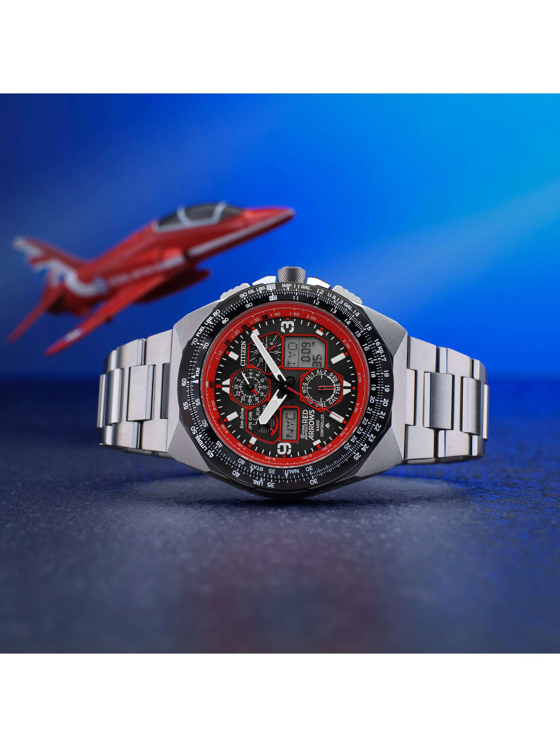 JY8126-51E Men's Red Arrows Limited Edition Skyhawk A-T Eco-Drive Bracelet Strap Watch, Silver/Black