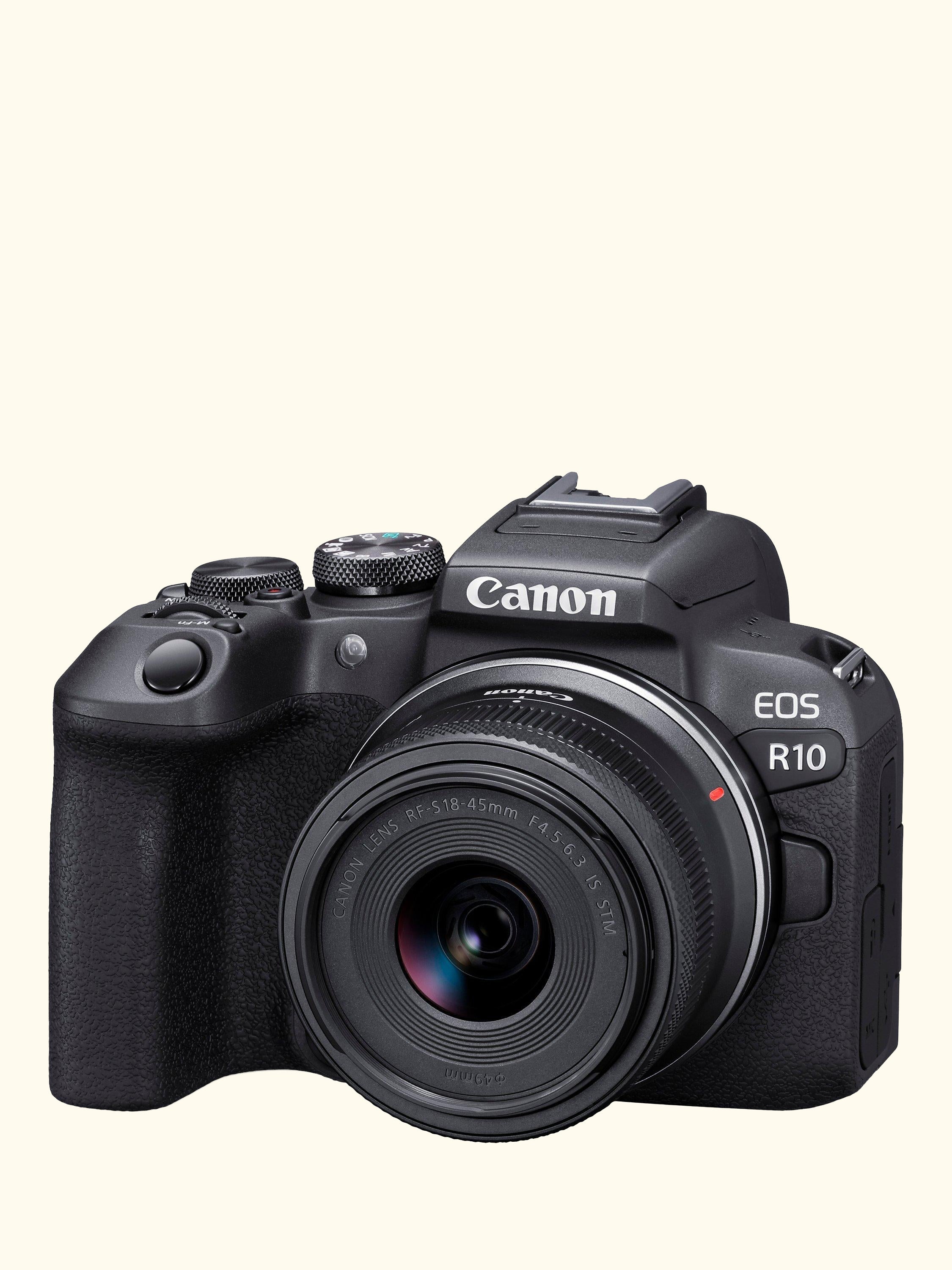 EOS R10 Compact System Camera with RF-S 18-45mm Zoom Lens, 4K Ultra HD, 24.2MP, Wi-Fi, Bluetooth, OLED EVF, 3" Vari-Angle Touch Screen, Black