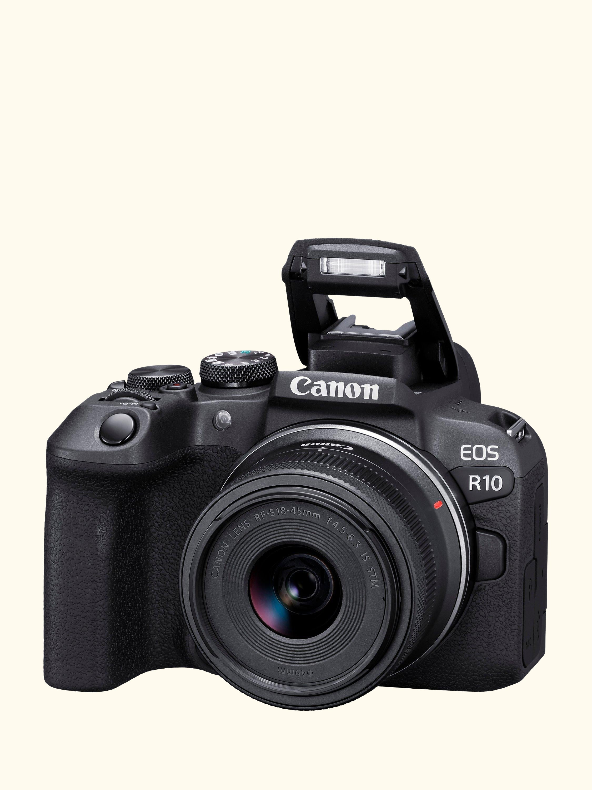 EOS R10 Compact System Camera with RF-S 18-45mm Zoom Lens, 4K Ultra HD, 24.2MP, Wi-Fi, Bluetooth, OLED EVF, 3" Vari-Angle Touch Screen, Black