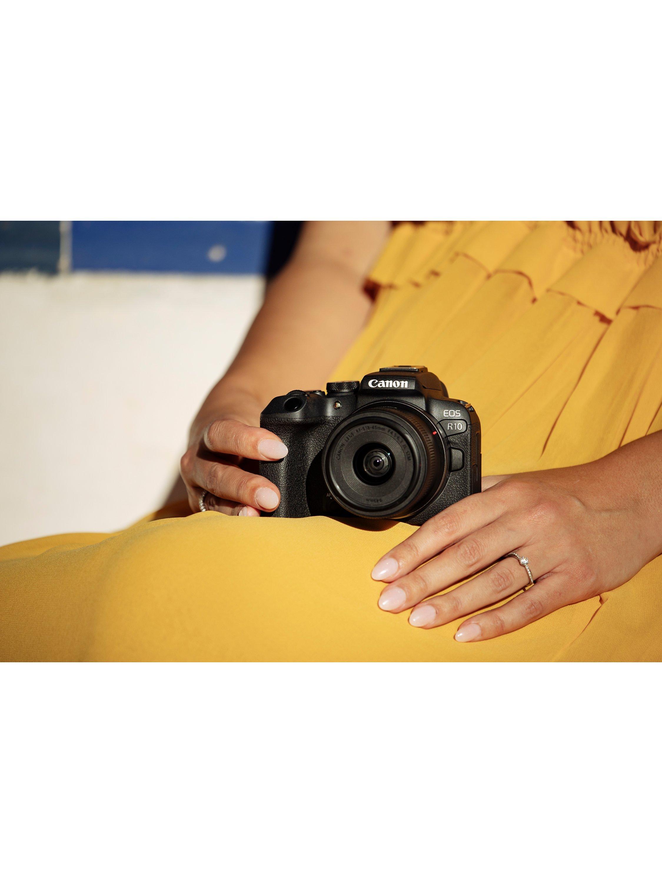 EOS R10 Compact System Camera with RF-S 18-45mm Zoom Lens, 4K Ultra HD, 24.2MP, Wi-Fi, Bluetooth, OLED EVF, 3" Vari-Angle Touch Screen, Black