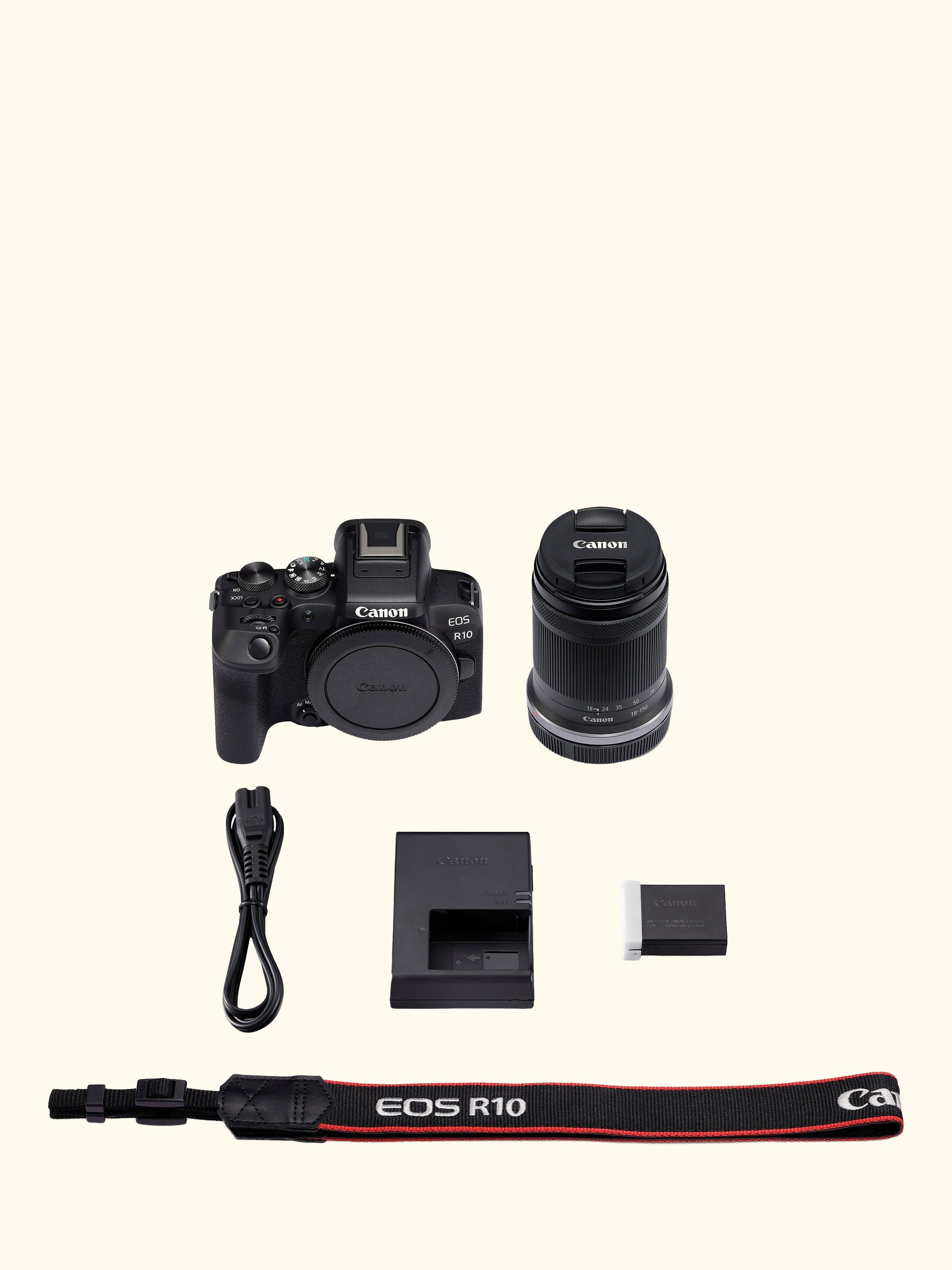 EOS R10 Compact System Camera with RF-S 18-150mm Zoom Lens, 4K Ultra HD, 24.2MP, Wi-Fi, Bluetooth, OLED EVF, 3" Vari-Angle Touch Screen, Black