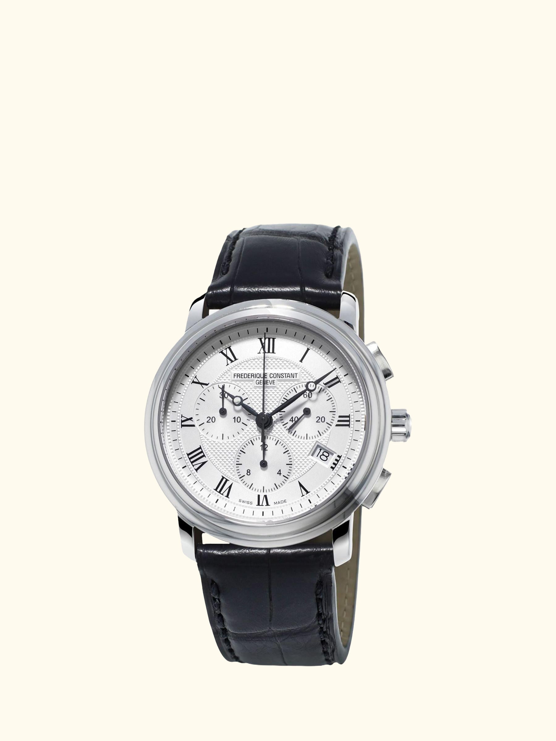 FC-292MC4P6 Men's Classics Chronograph Date Leather Strap Watch, Black/Silver