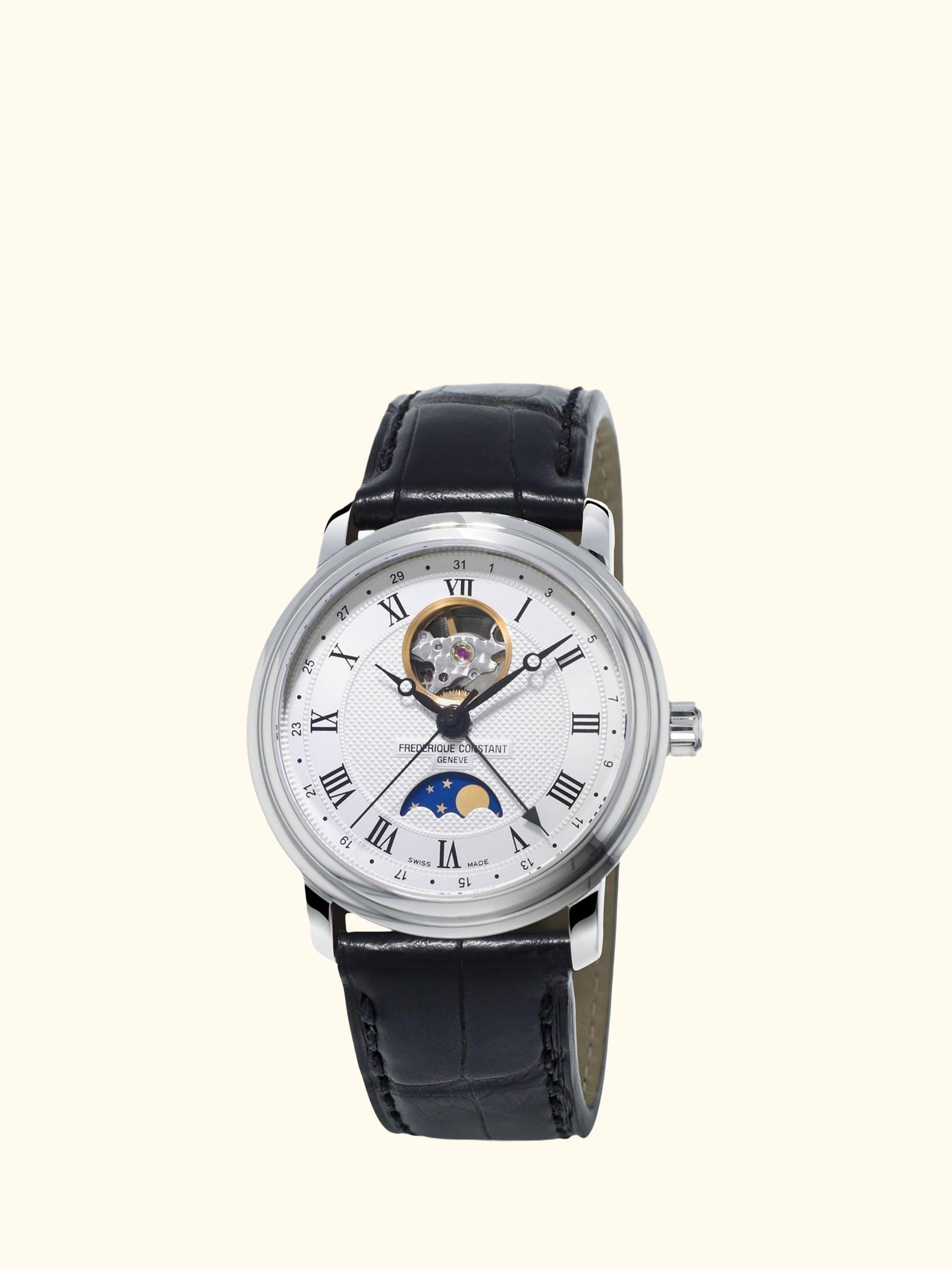 FC-335MC4P6 Men's Moonphase Leather Strap Watch, Black/White