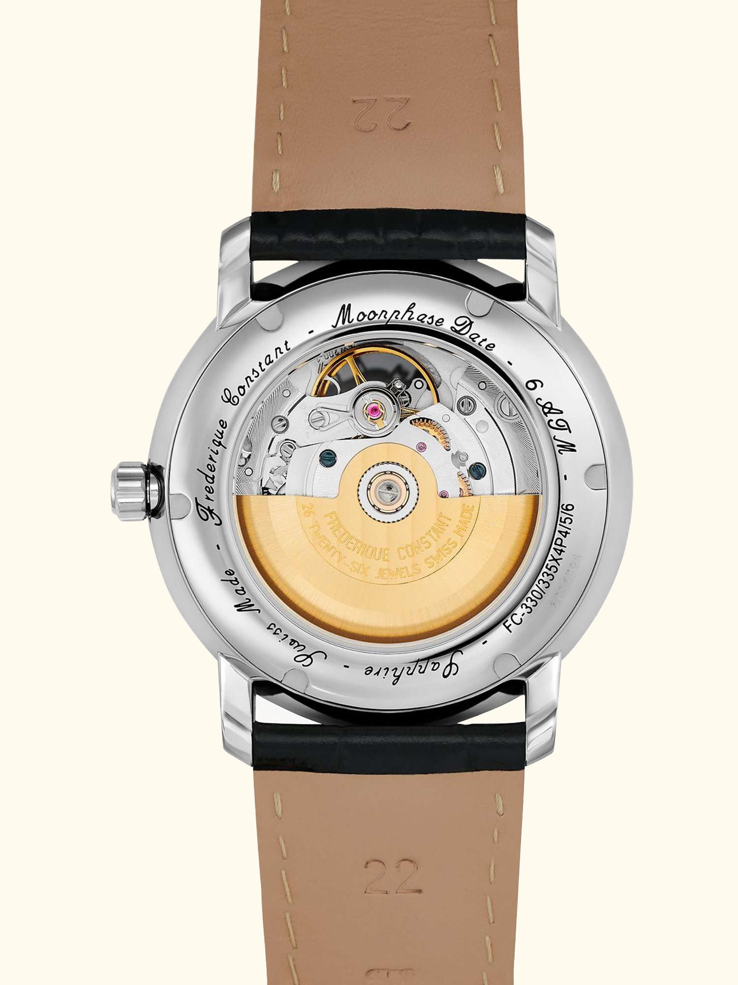 FC-335MC4P6 Men's Moonphase Leather Strap Watch, Black/White