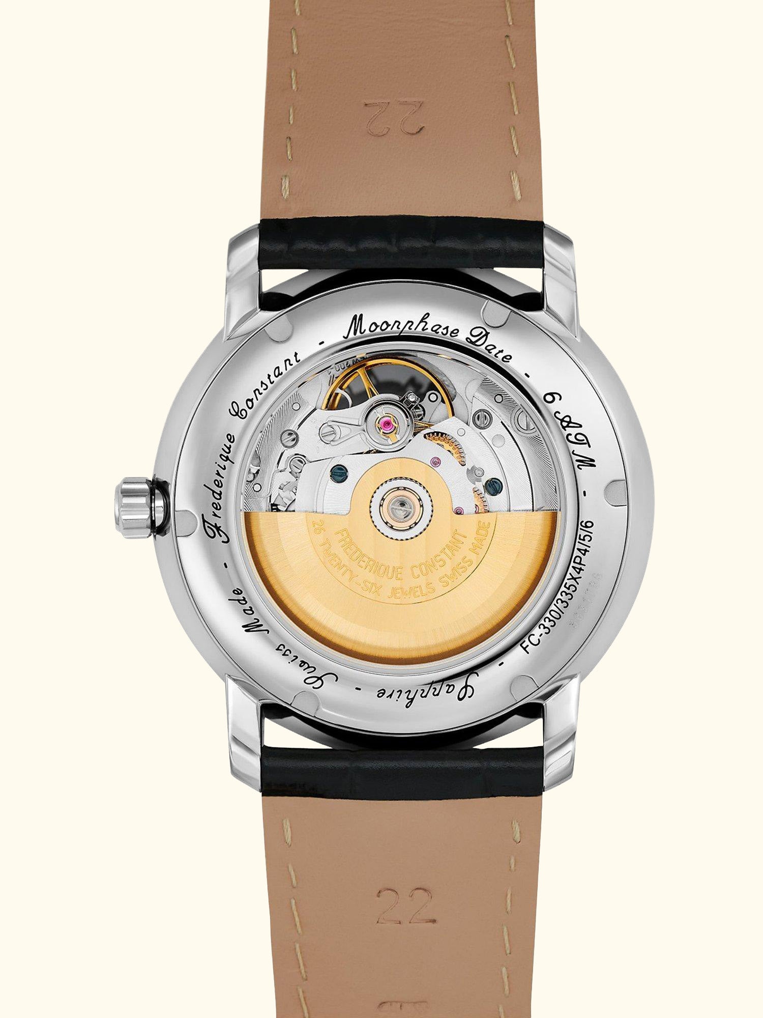 FC-335MC4P6 Men's Moonphase Leather Strap Watch, Black/White