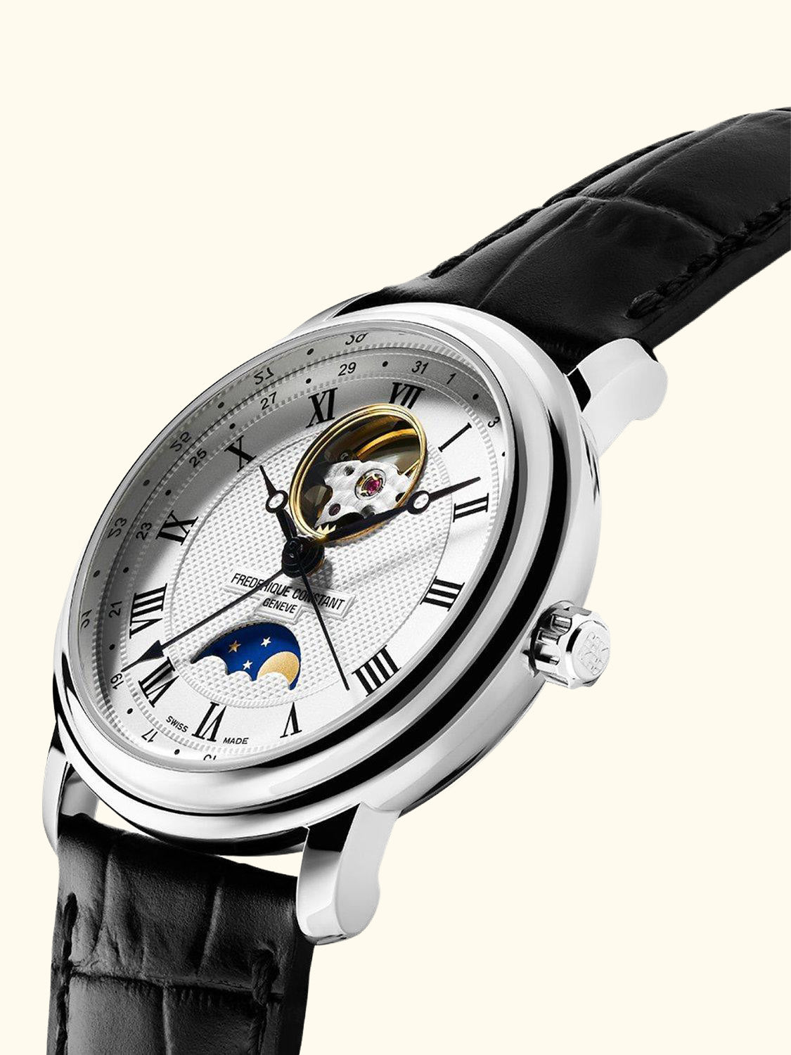 FC-335MC4P6 Men's Moonphase Leather Strap Watch, Black/White