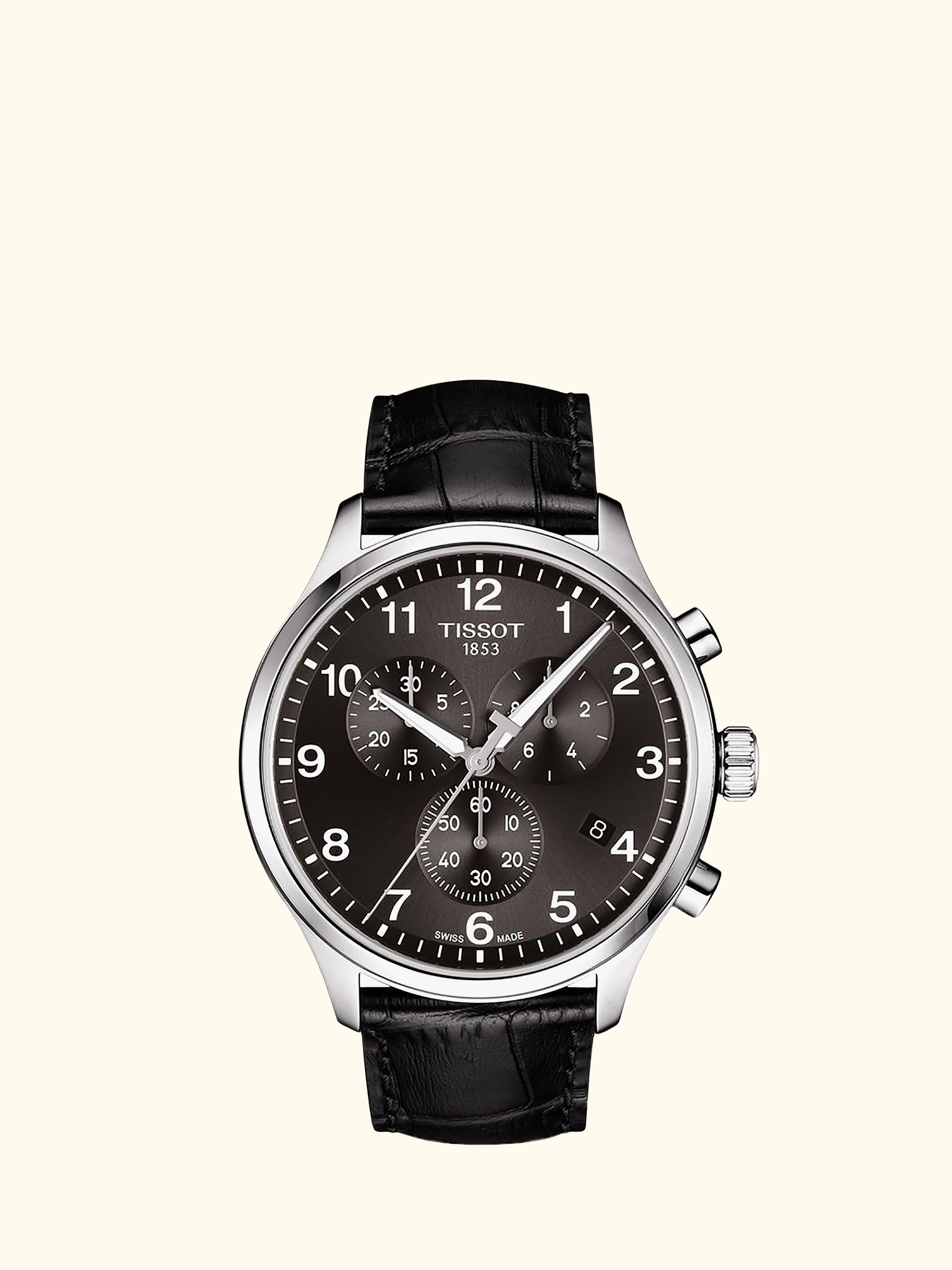 T1166171605700 Men's Classic Chronograph Date Leather Strap Watch, Black