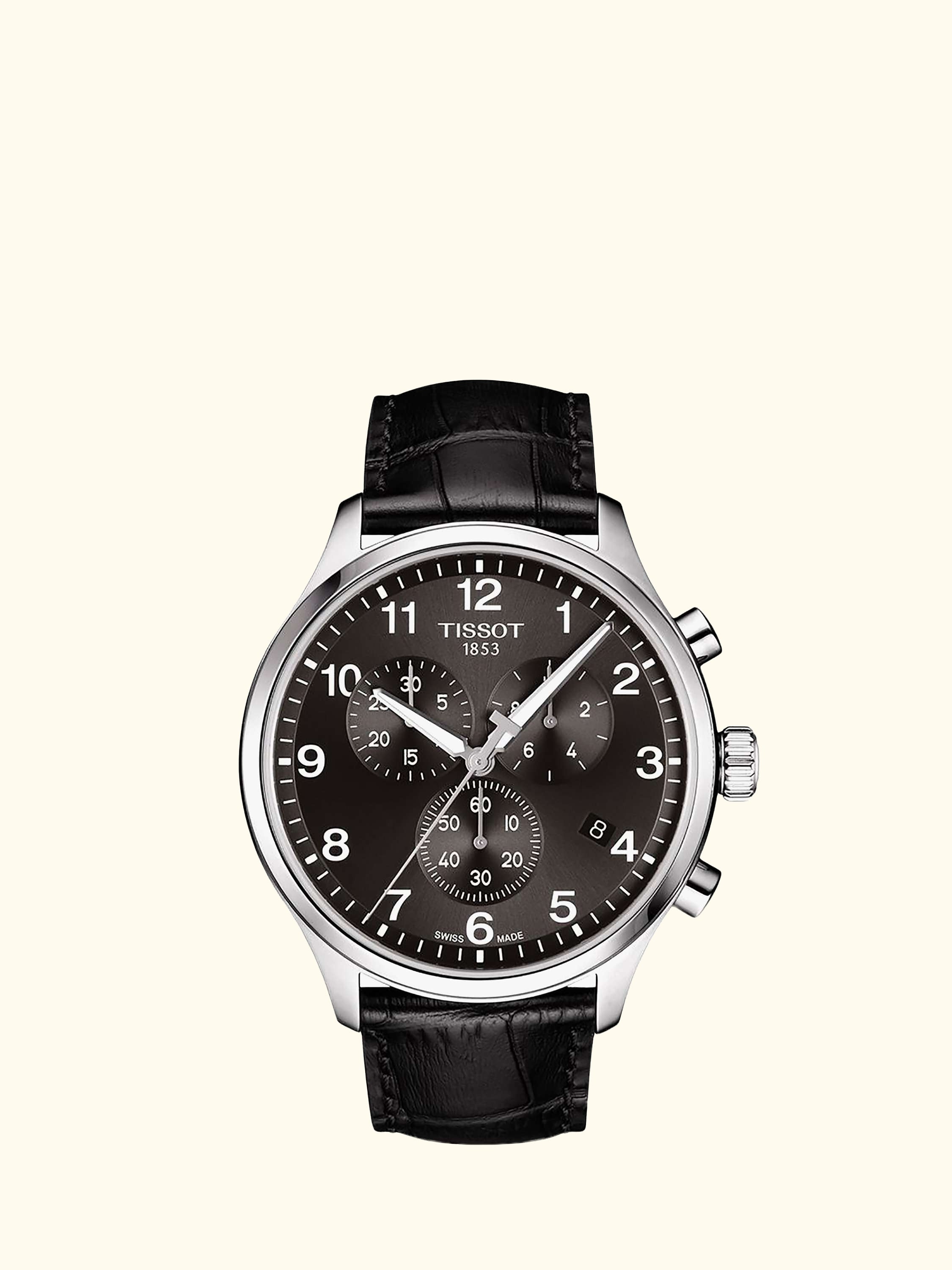 T1166171605700 Men's Classic Chronograph Date Leather Strap Watch, Black