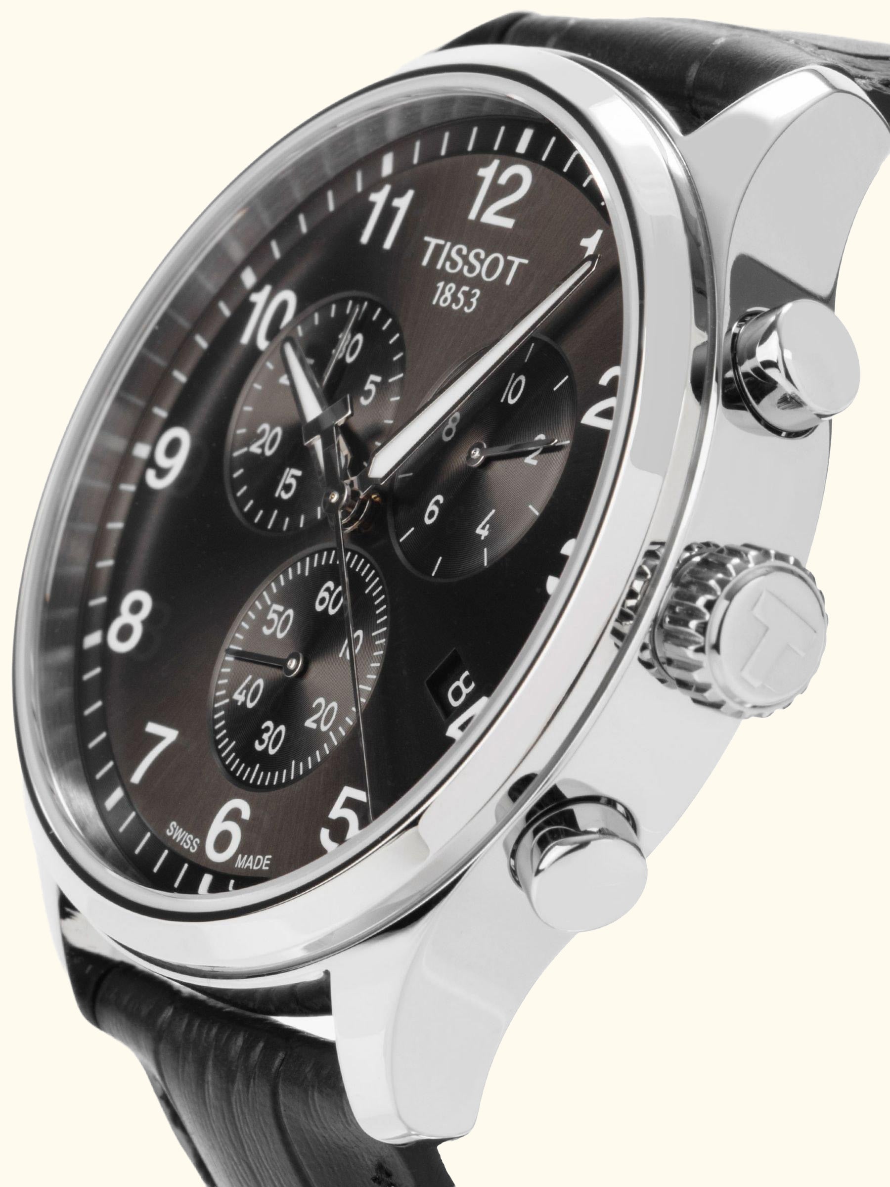 T1166171605700 Men's Classic Chronograph Date Leather Strap Watch, Black