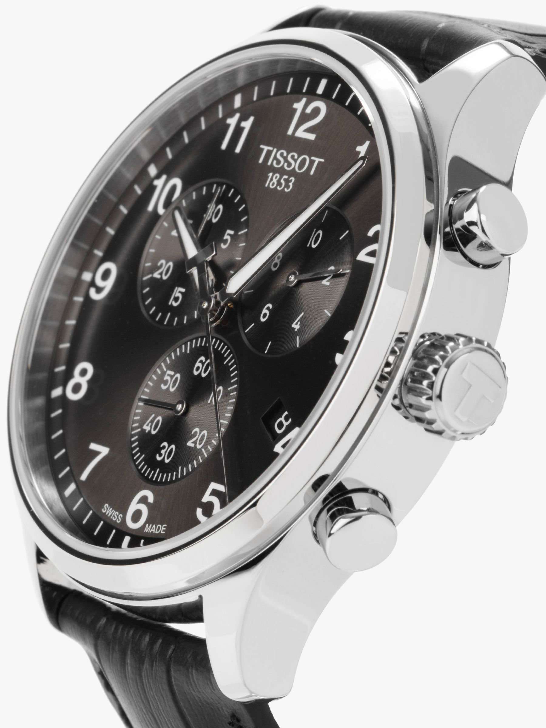 T1166171605700 Men's Classic Chronograph Date Leather Strap Watch, Black