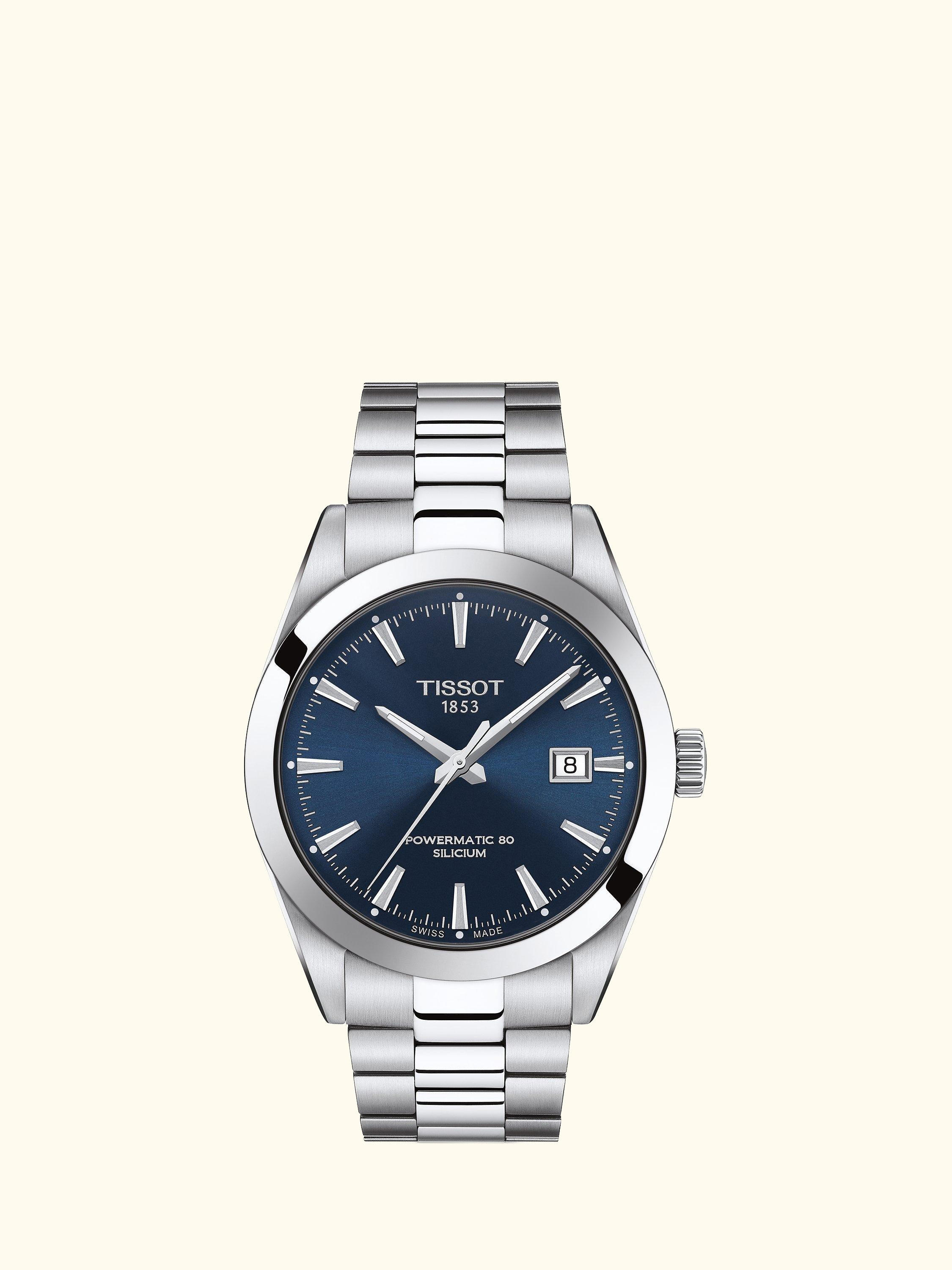 T1274071104100 Men's Gentleman Automatic Powermatic 80 Date Bracelet Strap Watch, Silver/Blue