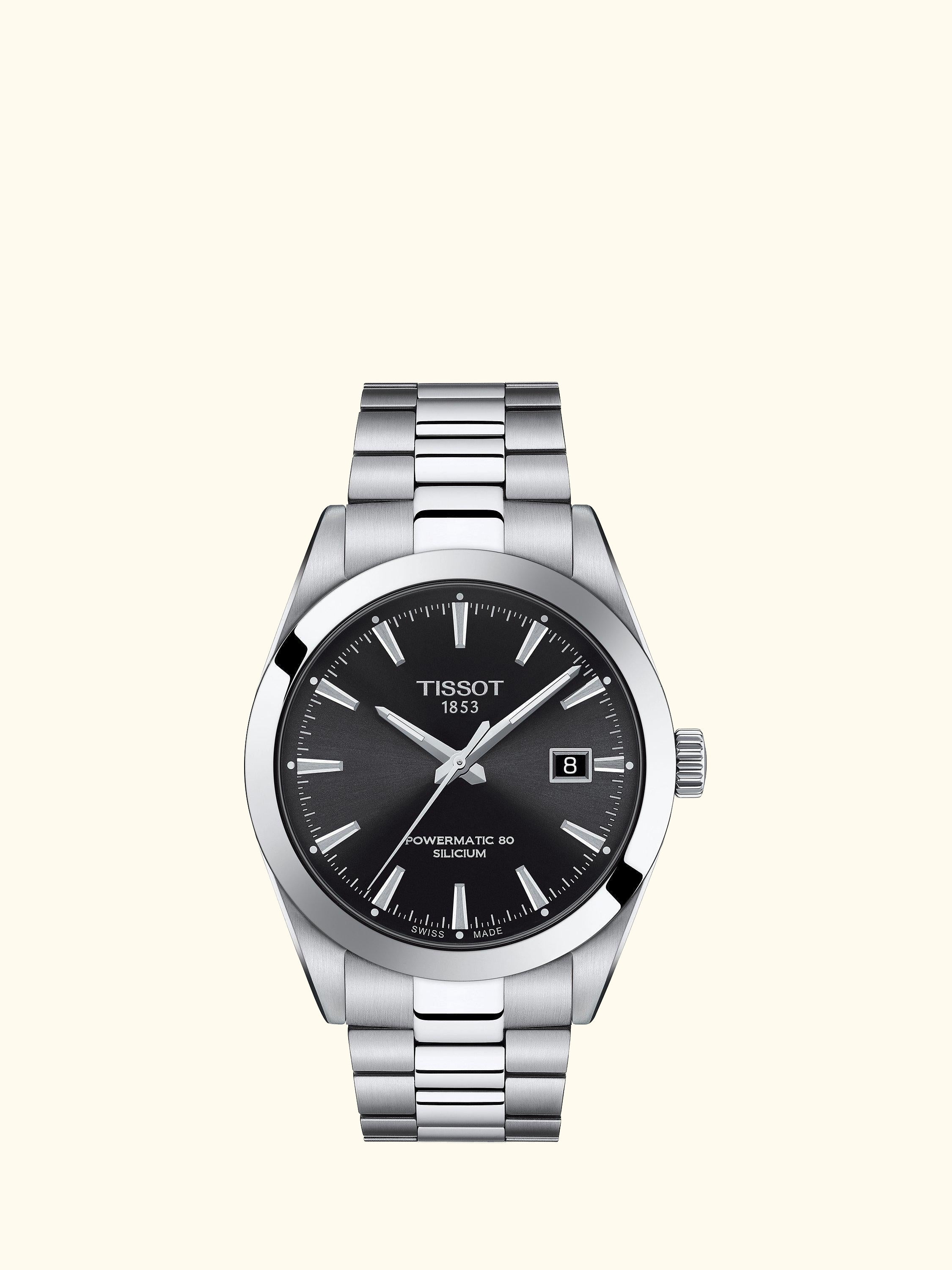 T1274071105100 Men's Gentleman Automatic Powermatic 80 Date Bracelet Strap Watch, Silver/Black