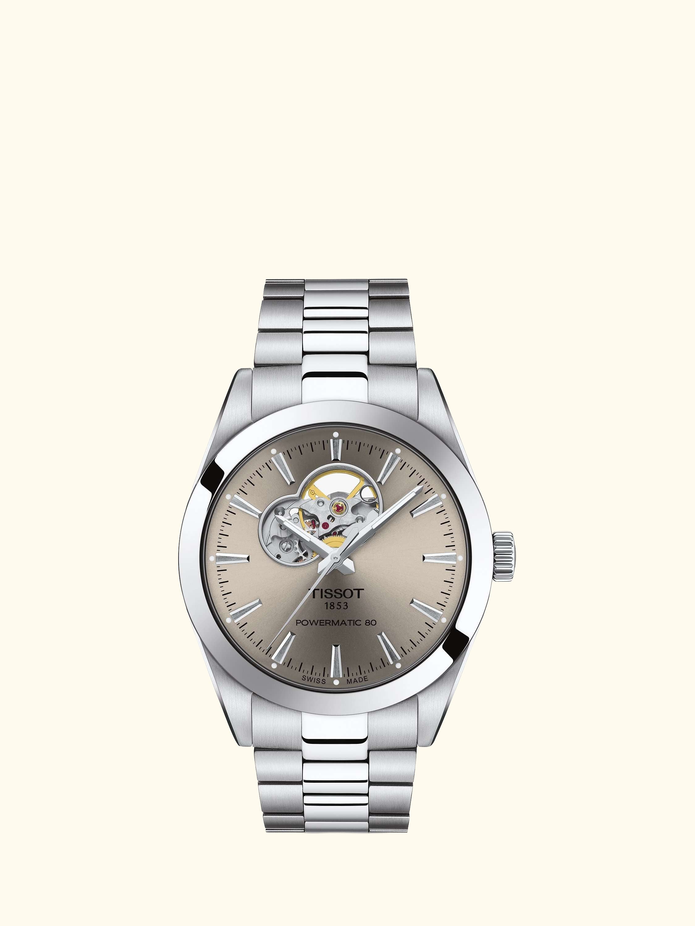 T1274071108100 Men's Gentleman Automatic Powermatic 80 Heartbeat Bracelet Strap Watch, Silver/Brown