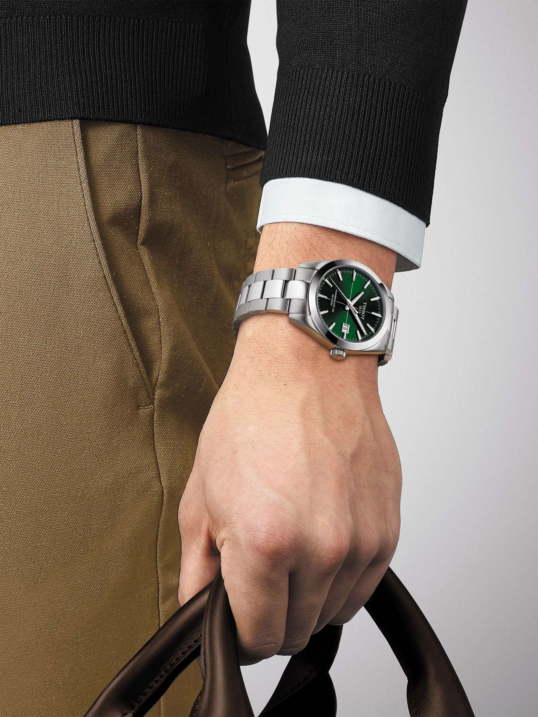 T1274071109101 Men's Gentleman Date Bracelet Strap Watch, Silver/Green