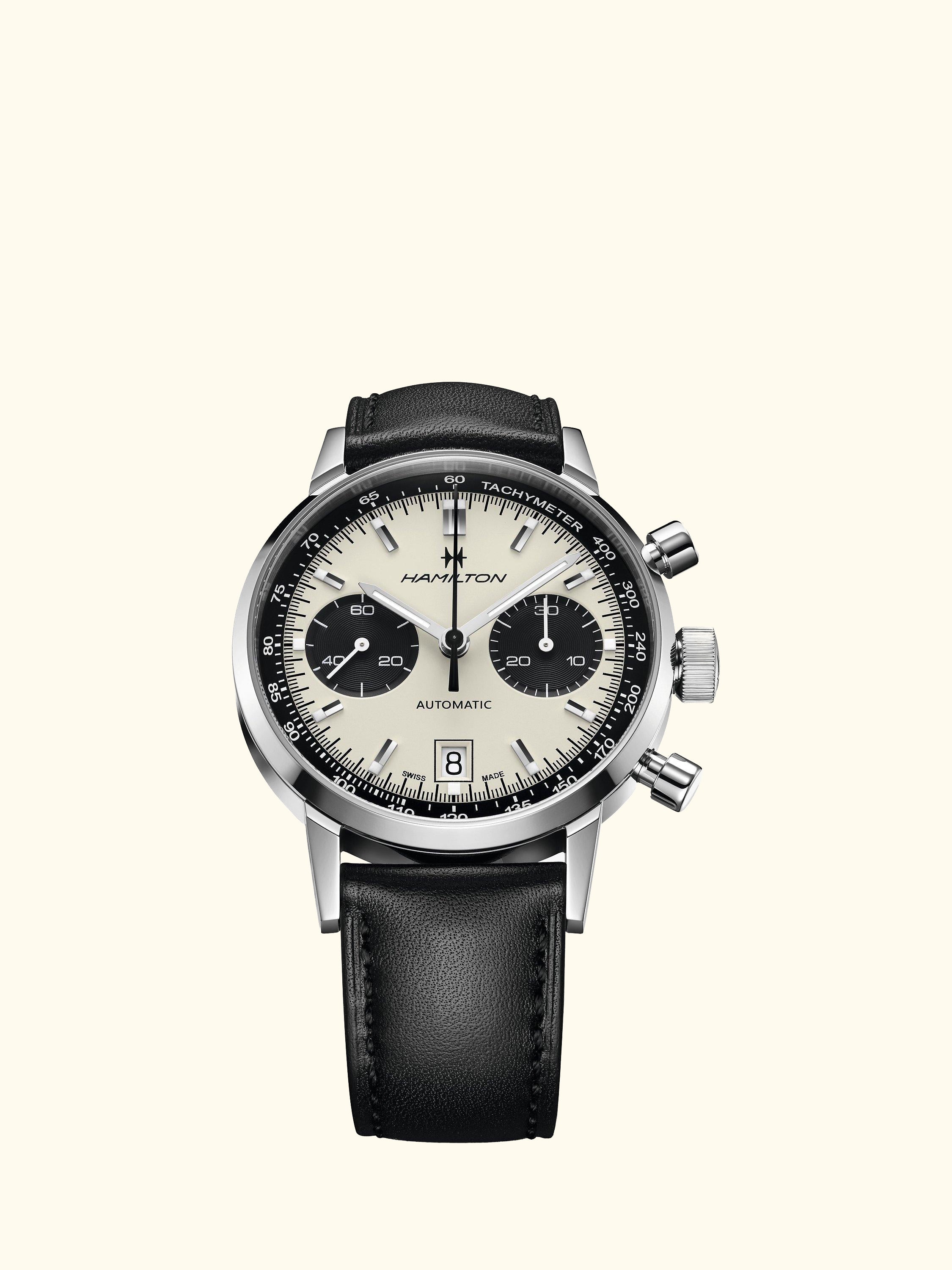 H38416711 Men's American Classic Intra-Matic Chronograph Automatic Date Leather Strap Watch, Black/Off White