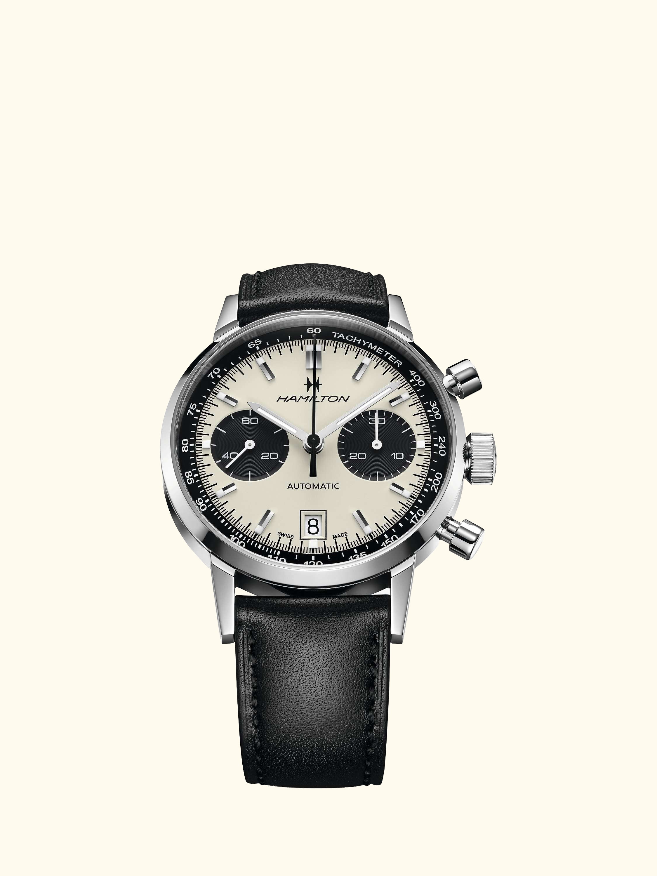 H38416711 Men's American Classic Intra-Matic Chronograph Automatic Date Leather Strap Watch, Black/Off White