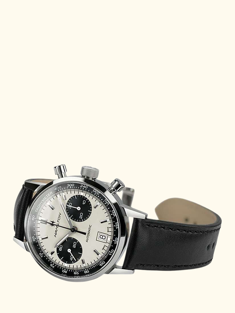H38416711 Men's American Classic Intra-Matic Chronograph Automatic Date Leather Strap Watch, Black/Off White