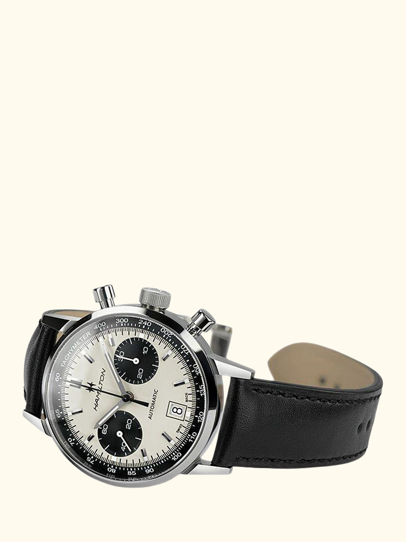 H38416711 Men's American Classic Intra-Matic Chronograph Automatic Date Leather Strap Watch, Black/Off White