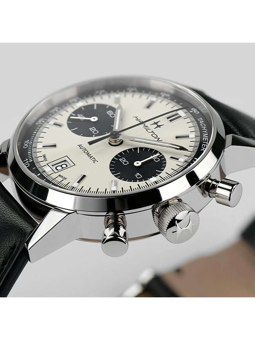 H38416711 Men's American Classic Intra-Matic Chronograph Automatic Date Leather Strap Watch, Black/Off White
