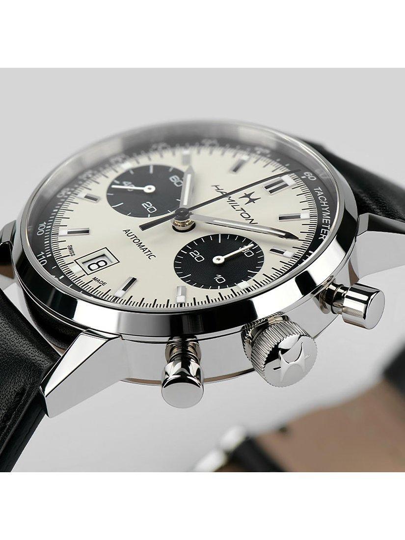H38416711 Men's American Classic Intra-Matic Chronograph Automatic Date Leather Strap Watch, Black/Off White