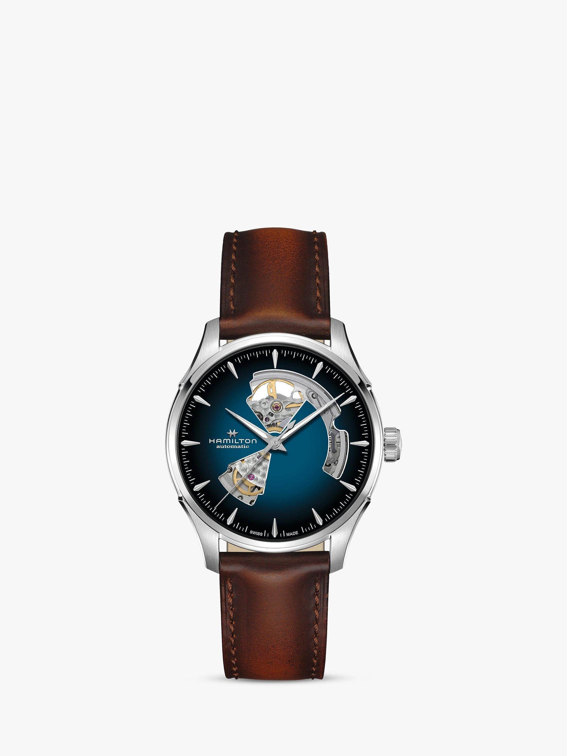 H32675540 Men's Jazz Master Automatic Heartbeat Leather Strap Watch, Brown/Blue