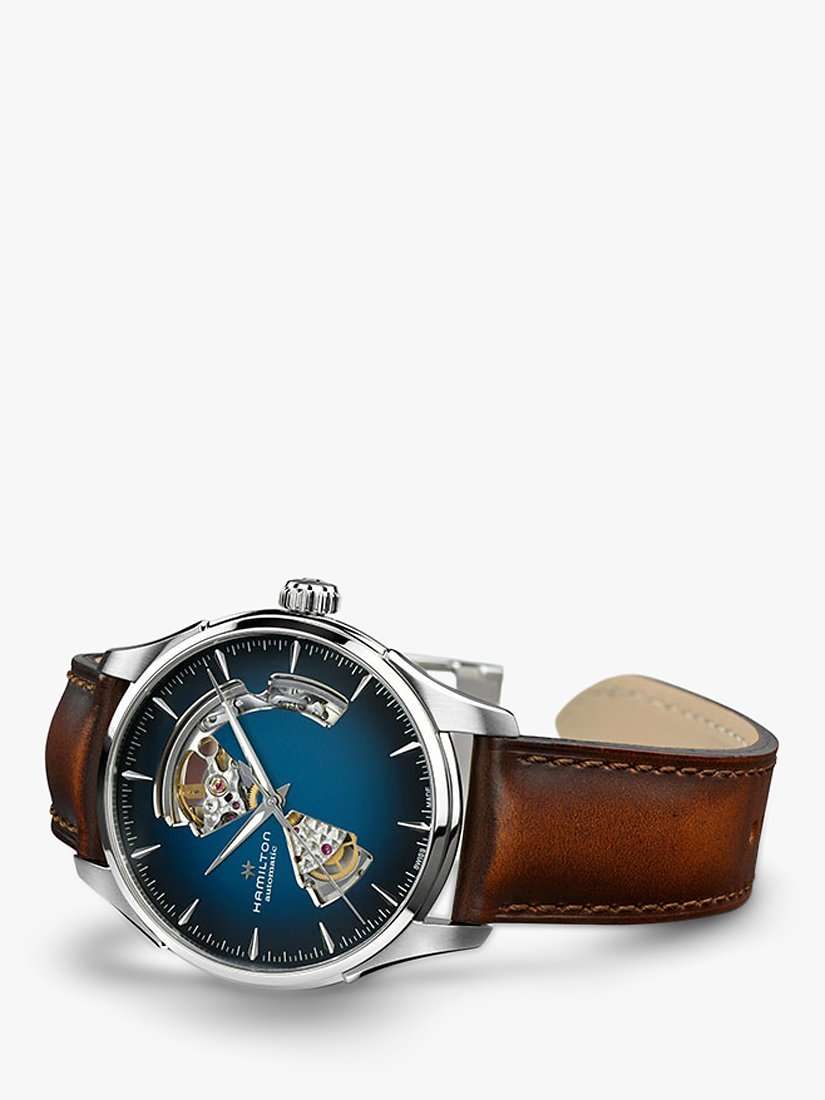 H32675540 Men's Jazz Master Automatic Heartbeat Leather Strap Watch, Brown/Blue