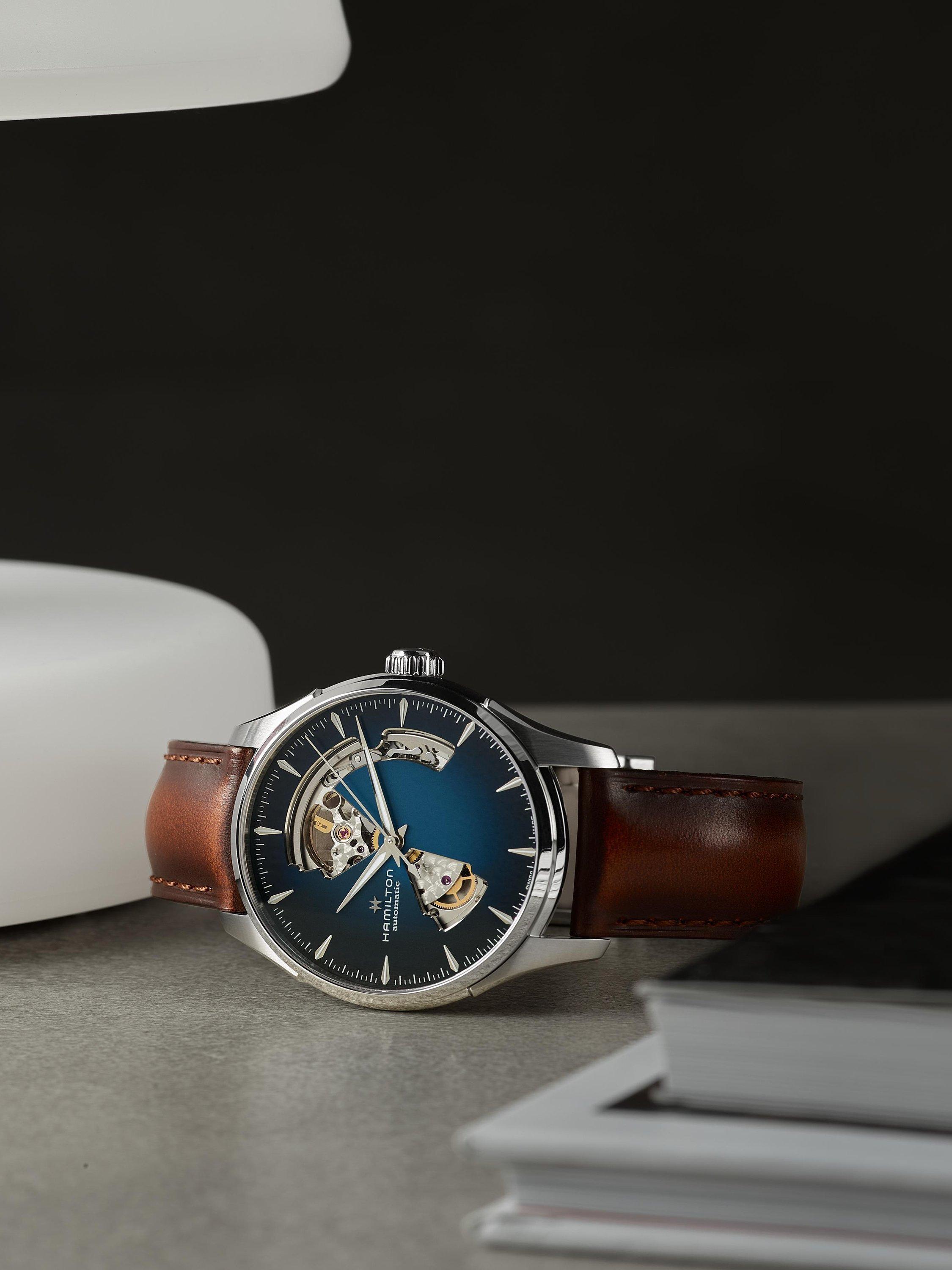 H32675540 Men's Jazz Master Automatic Heartbeat Leather Strap Watch, Brown/Blue
