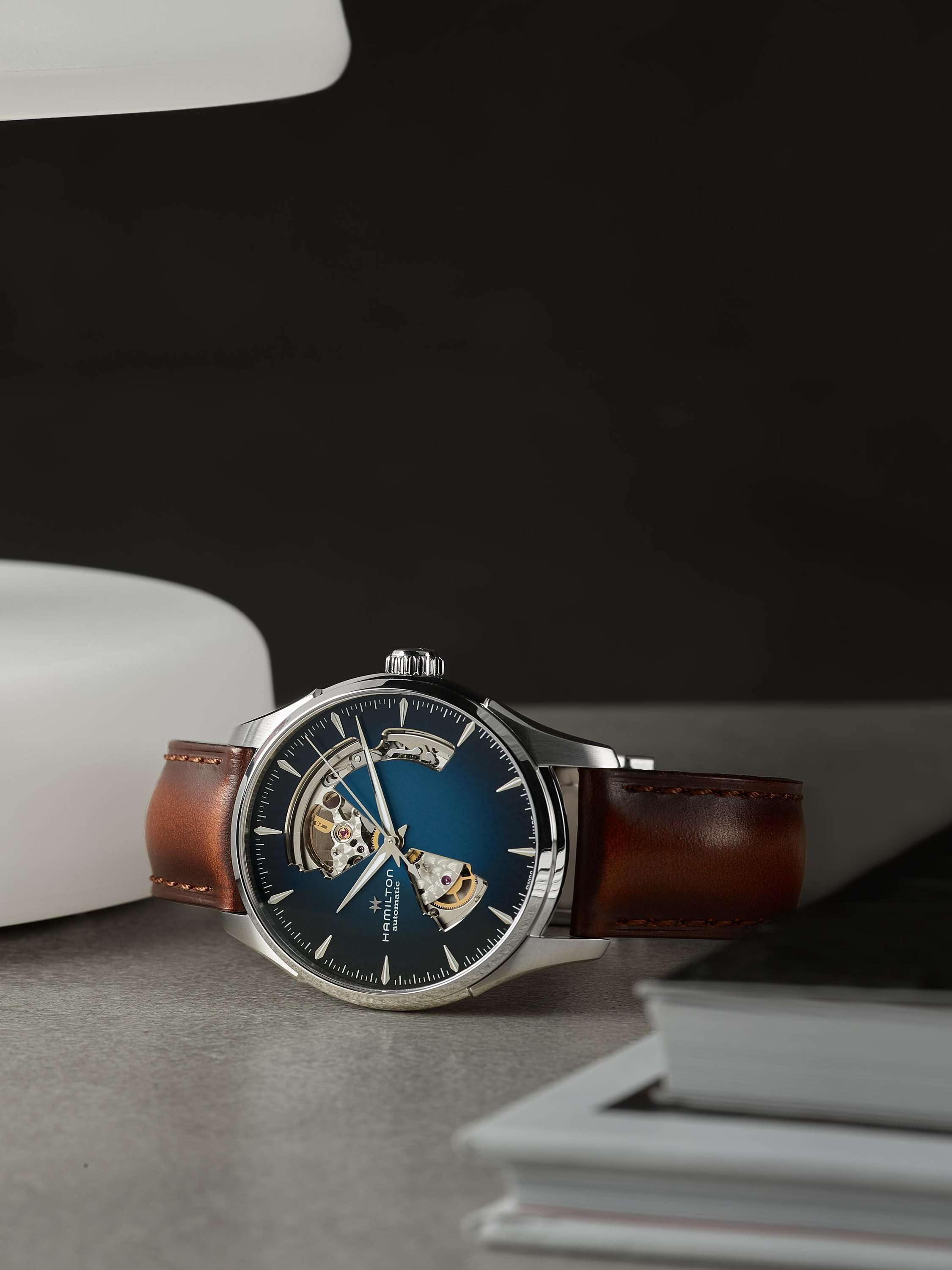 H32675540 Men's Jazz Master Automatic Heartbeat Leather Strap Watch, Brown/Blue