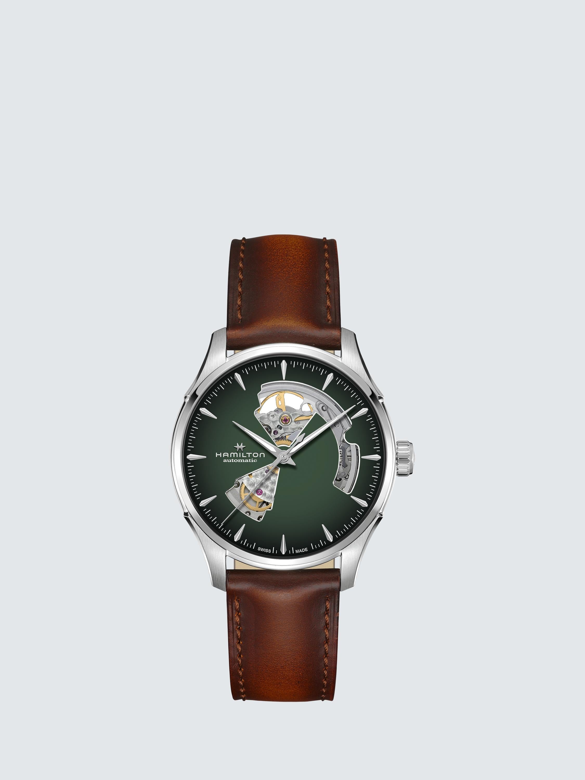H32675560 Men's Jazz Master Automatic Heartbeat Leather Strap Watch, Brown/Green