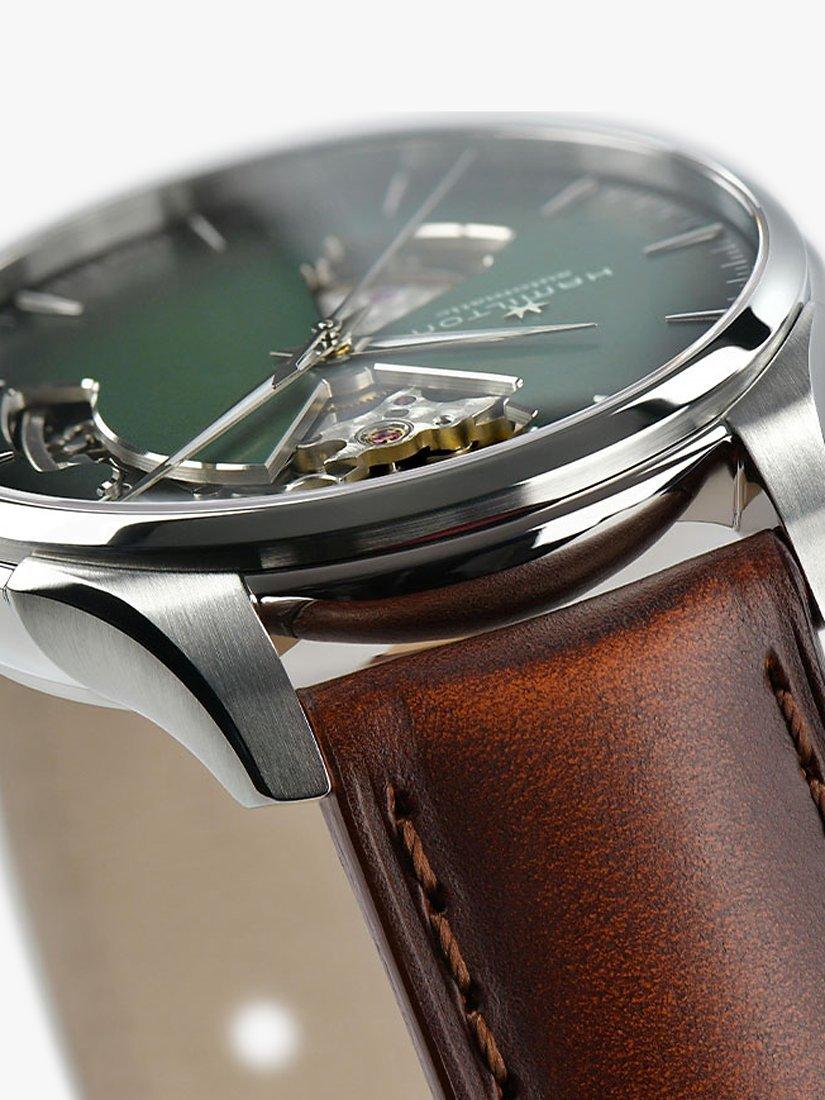 H32675560 Men's Jazz Master Automatic Heartbeat Leather Strap Watch, Brown/Green