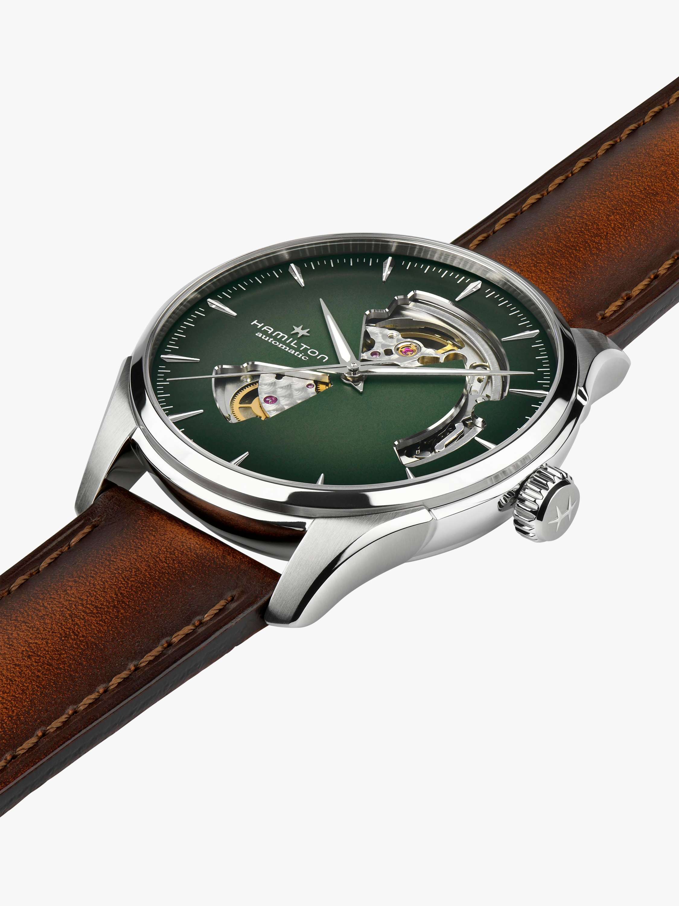 H32675560 Men's Jazz Master Automatic Heartbeat Leather Strap Watch, Brown/Green