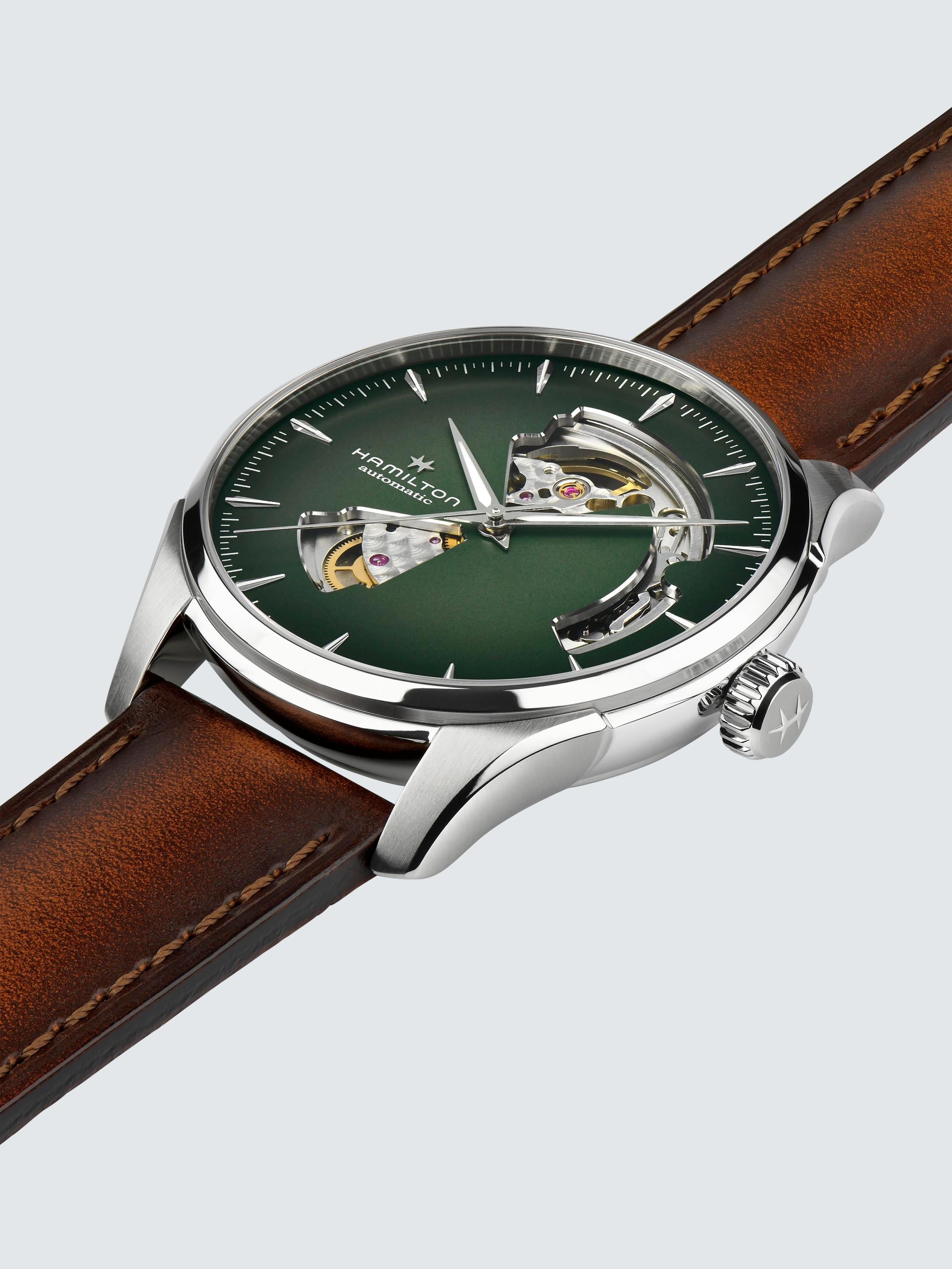 H32675560 Men's Jazz Master Automatic Heartbeat Leather Strap Watch, Brown/Green