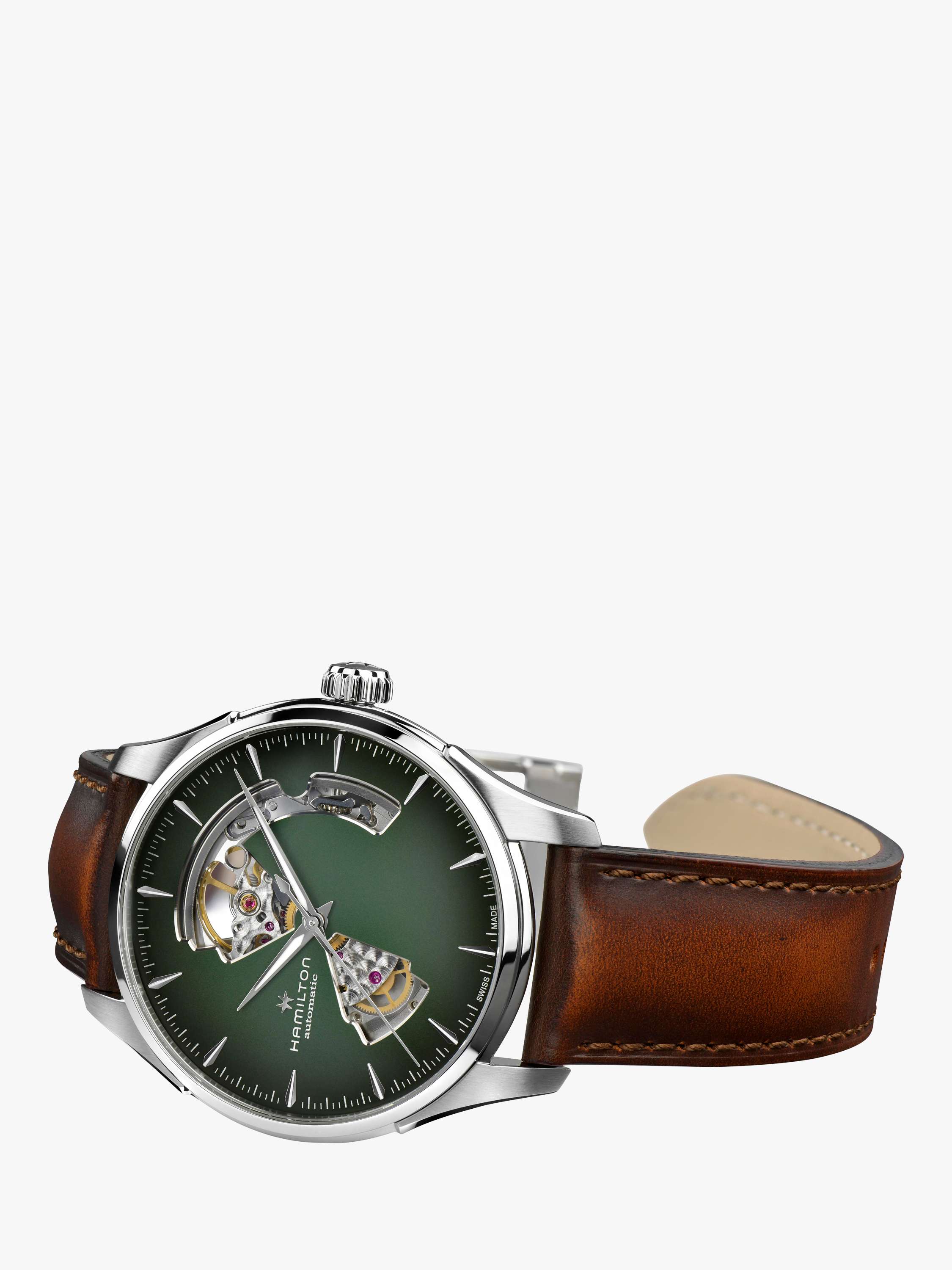 H32675560 Men's Jazz Master Automatic Heartbeat Leather Strap Watch, Brown/Green