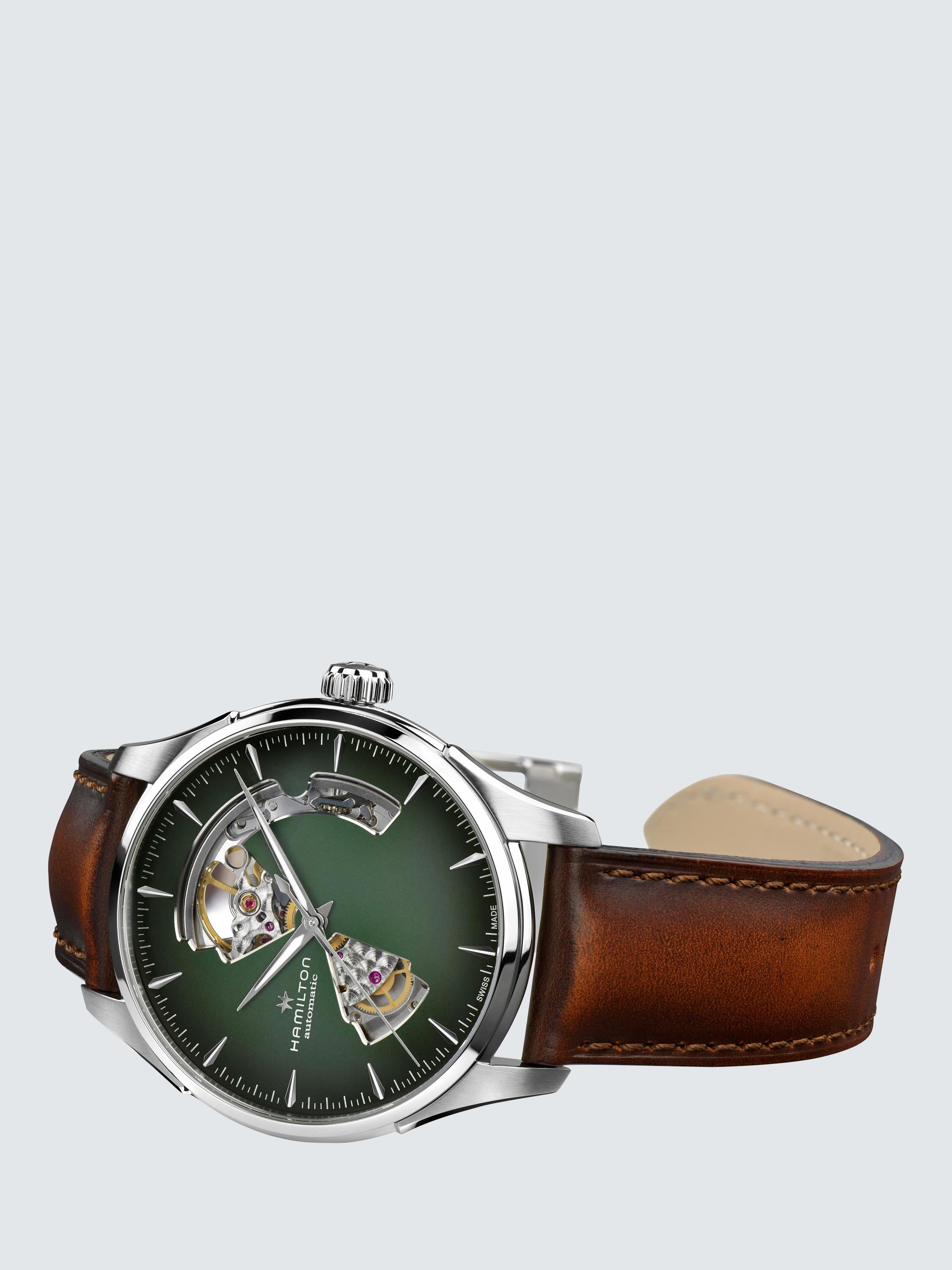 H32675560 Men's Jazz Master Automatic Heartbeat Leather Strap Watch, Brown/Green