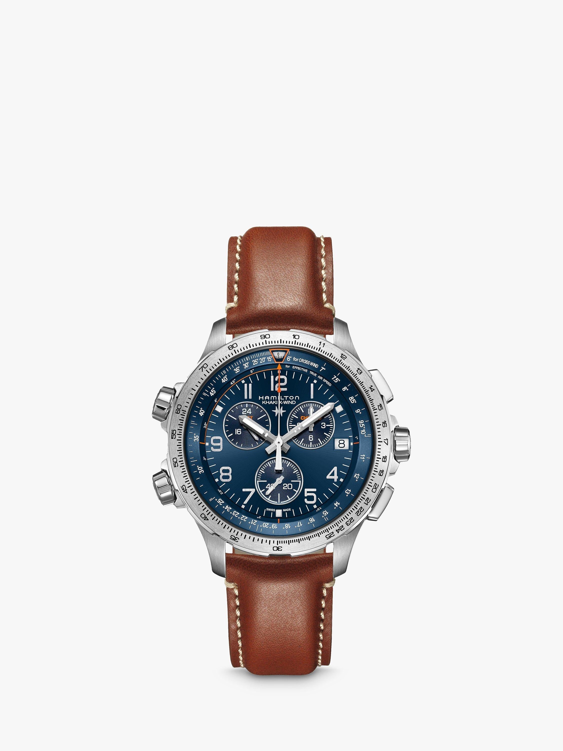 H77922541 Men's Khaki Aviation X-Wind GMT Chronograph Date Leather Strap Watch, Brown/Blue