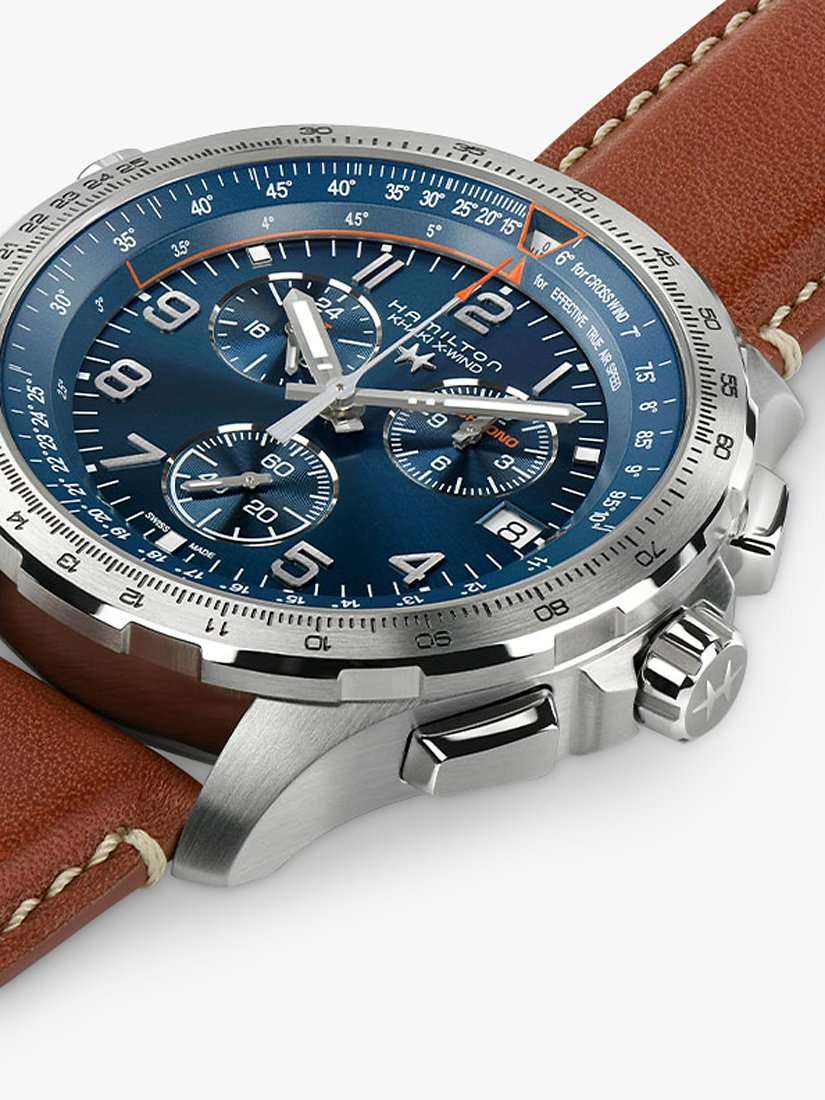 H77922541 Men's Khaki Aviation X-Wind GMT Chronograph Date Leather Strap Watch, Brown/Blue