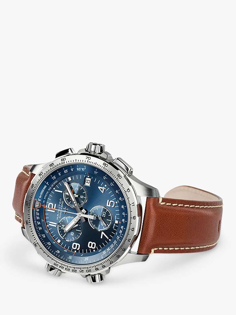 H77922541 Men's Khaki Aviation X-Wind GMT Chronograph Date Leather Strap Watch, Brown/Blue