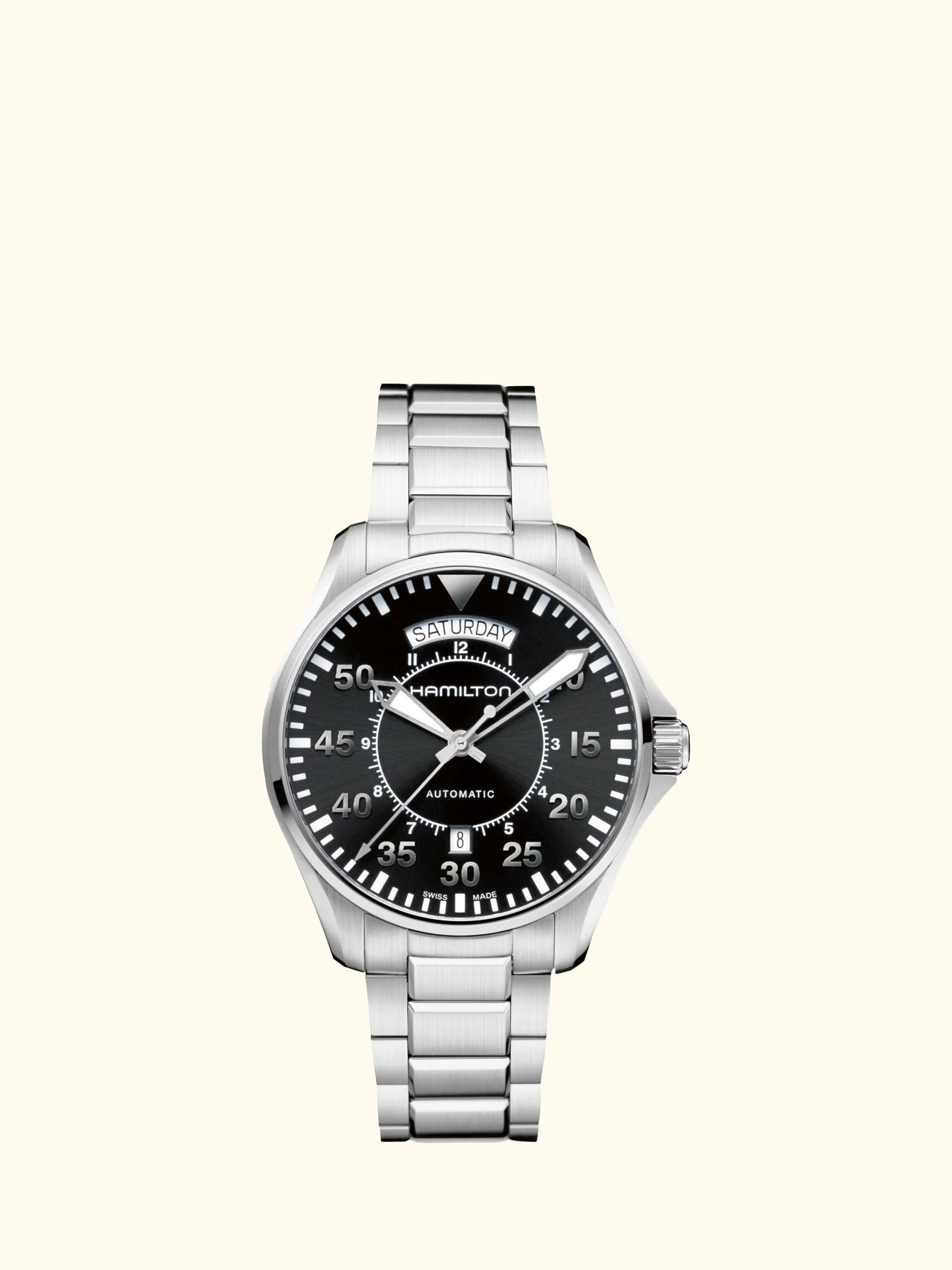 H64615135 Men's Khaki Aviation Pilot Day Date Automatic Bracelet Strap Watch, Silver/Black Cloned@16102022-001050