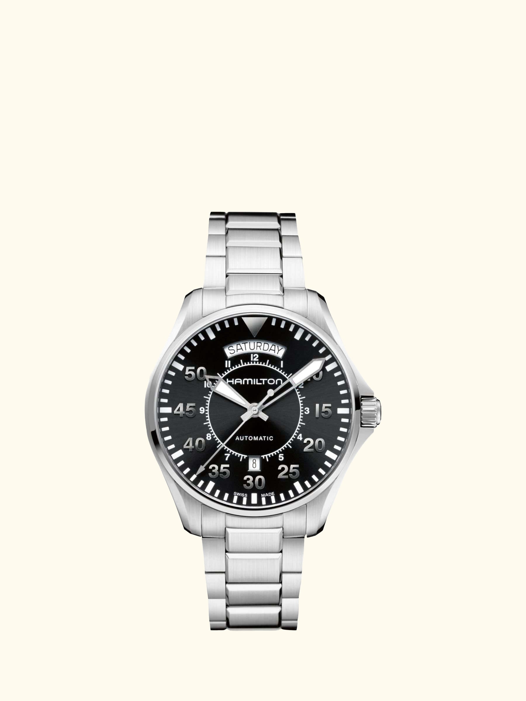 H64615135 Men's Khaki Aviation Pilot Day Date Automatic Bracelet Strap Watch, Silver/Black Cloned@16102022-001050