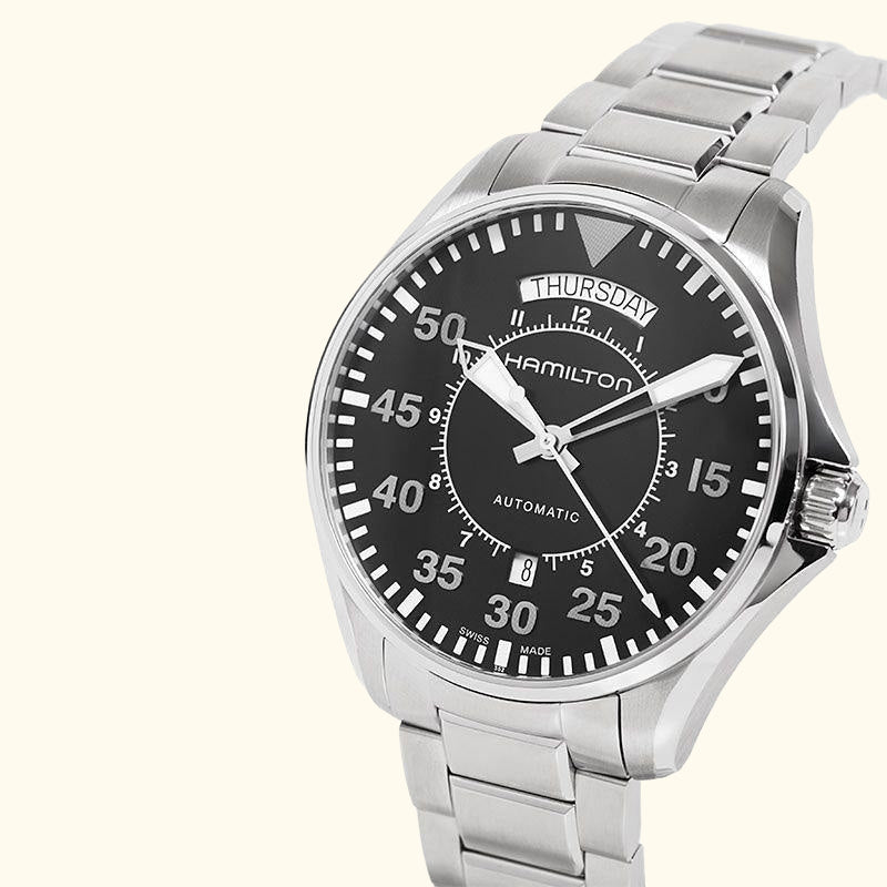 H64615135 Men's Khaki Aviation Pilot Day Date Automatic Bracelet Strap Watch, Silver/Black Cloned@16102022-001050