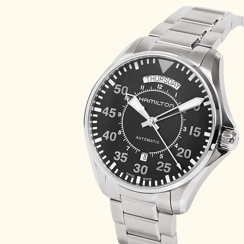 H64615135 Men's Khaki Aviation Pilot Day Date Automatic Bracelet Strap Watch, Silver/Black Cloned@16102022-001050
