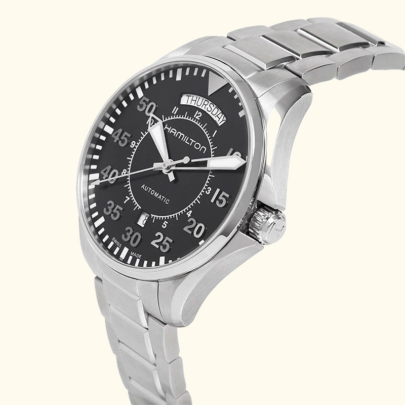 H64615135 Men's Khaki Aviation Pilot Day Date Automatic Bracelet Strap Watch, Silver/Black Cloned@16102022-001050