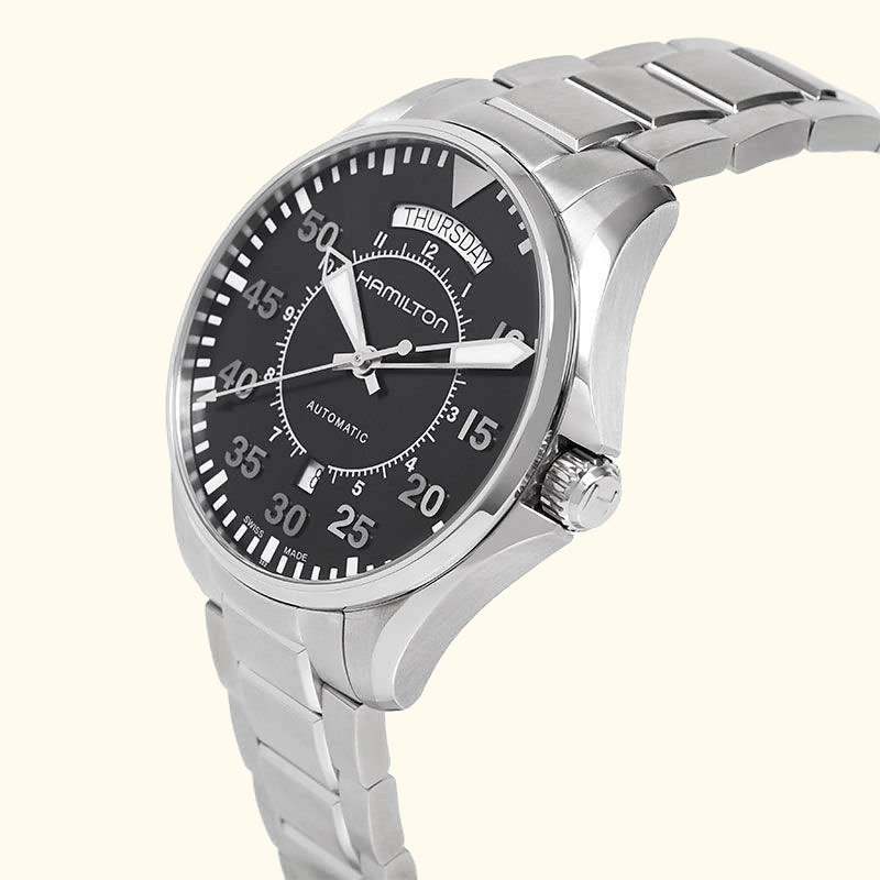 H64615135 Men's Khaki Aviation Pilot Day Date Automatic Bracelet Strap Watch, Silver/Black Cloned@16102022-001050
