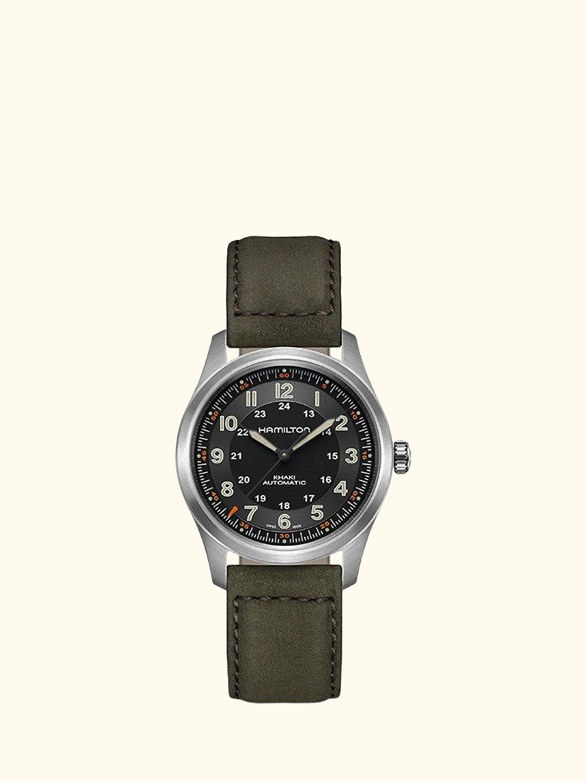 H70205830 Men's Khaki Field Titanium Automatic Leather Strap Watch, Brown/Black