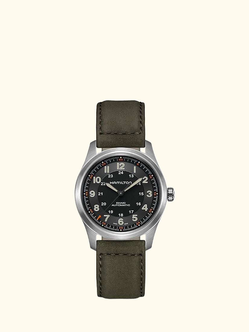 H70205830 Men's Khaki Field Titanium Automatic Leather Strap Watch, Brown/Black