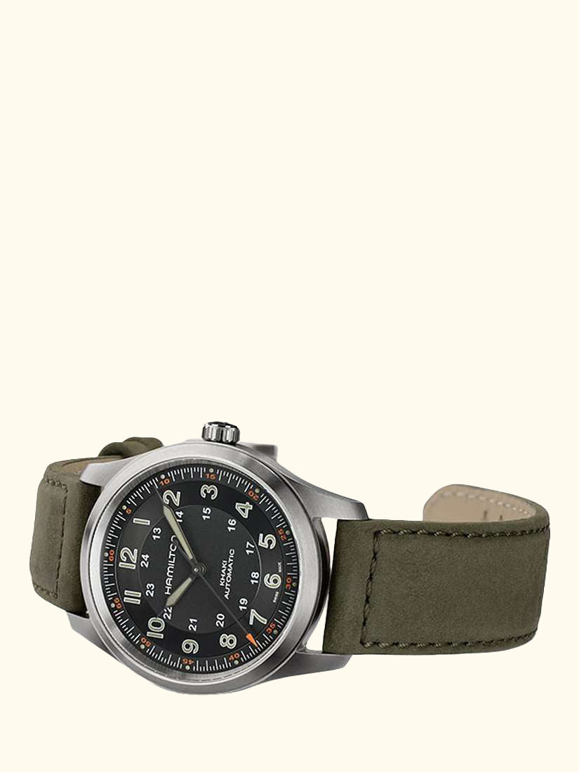 H70205830 Men's Khaki Field Titanium Automatic Leather Strap Watch, Brown/Black